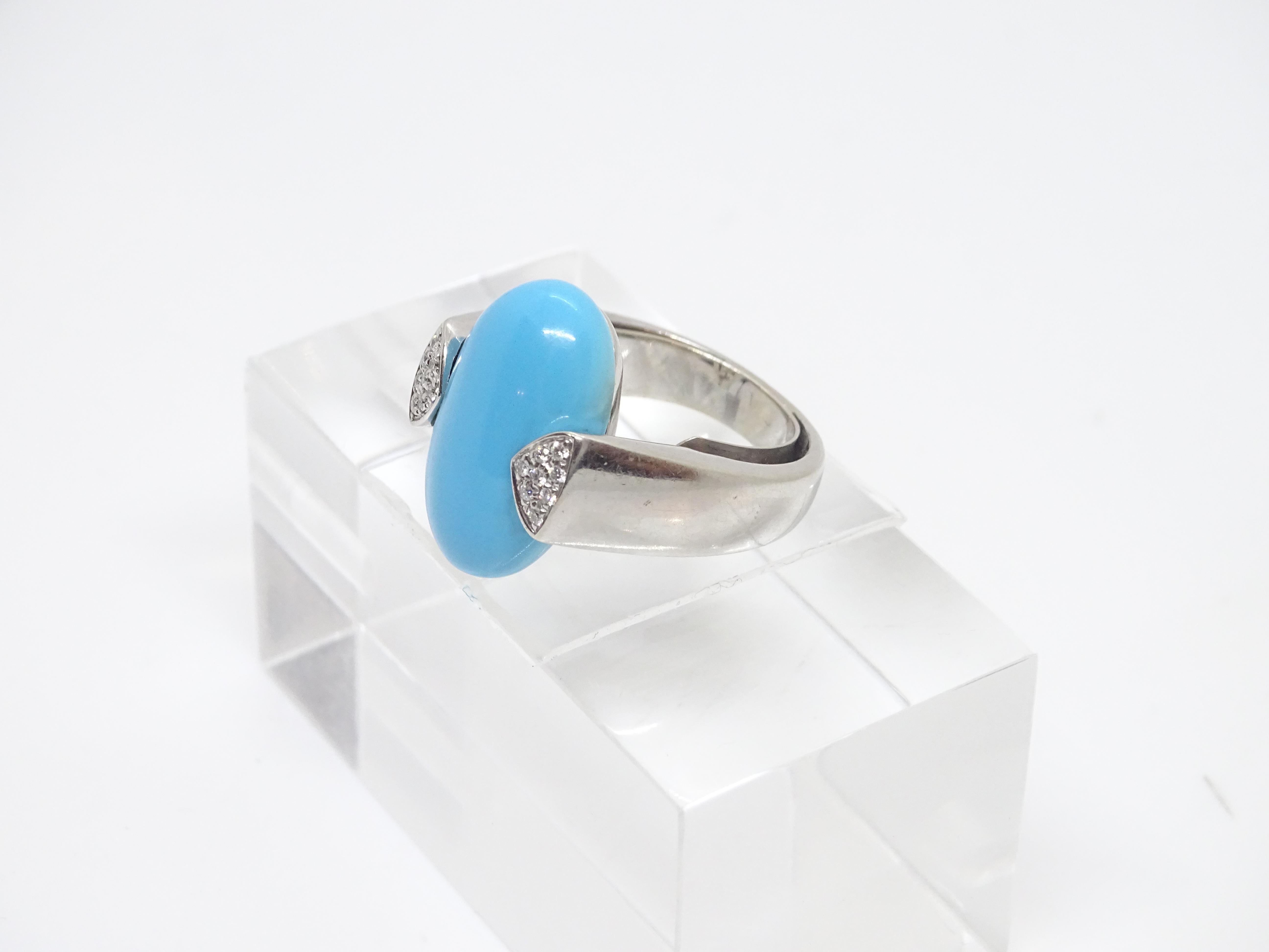 Italian Ring 18k white gold, turquoise cabochon and diamonds, 60's For Sale 7