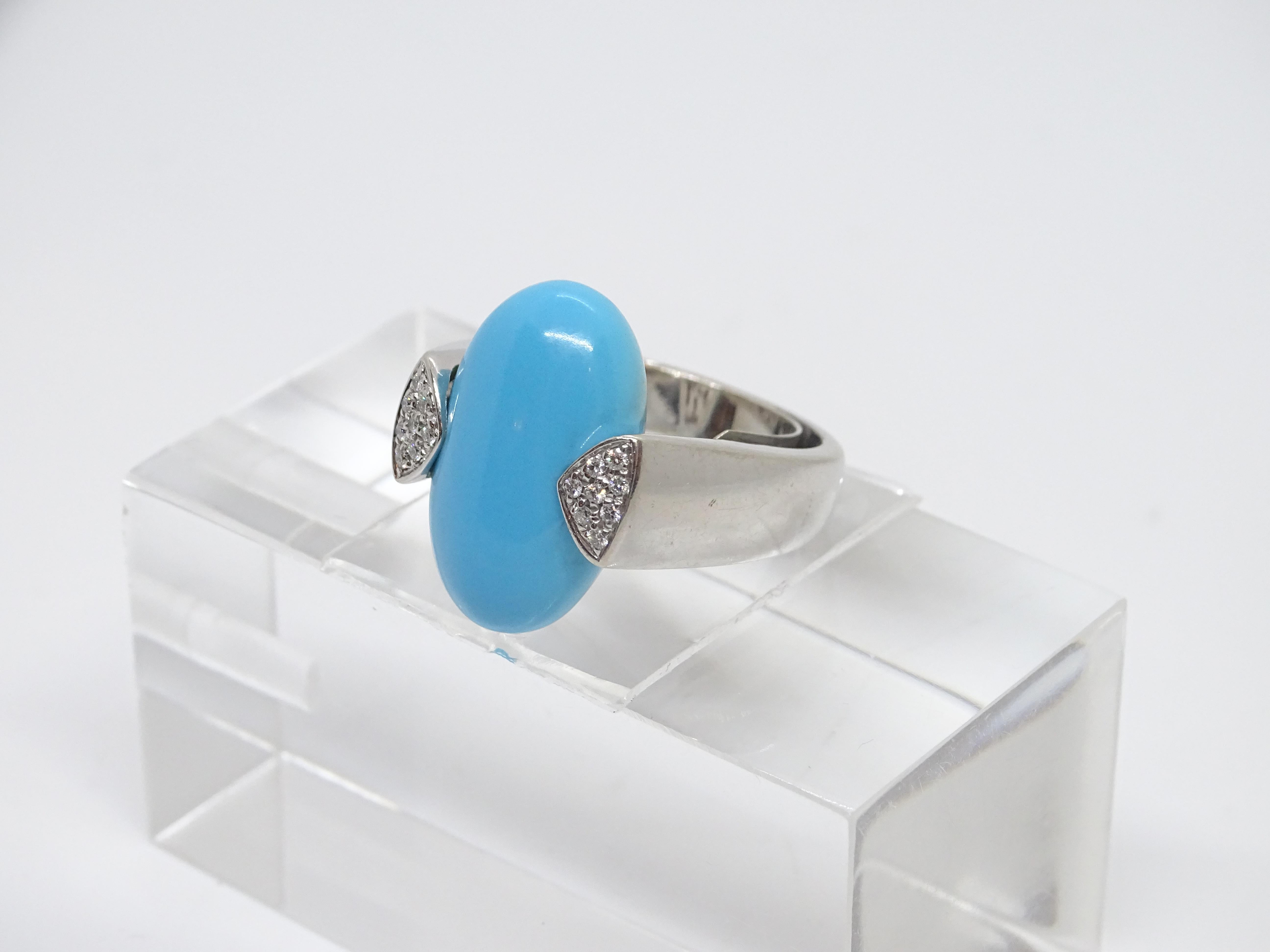 Italian Ring 18k white gold, turquoise cabochon and diamonds, 60's For Sale 8