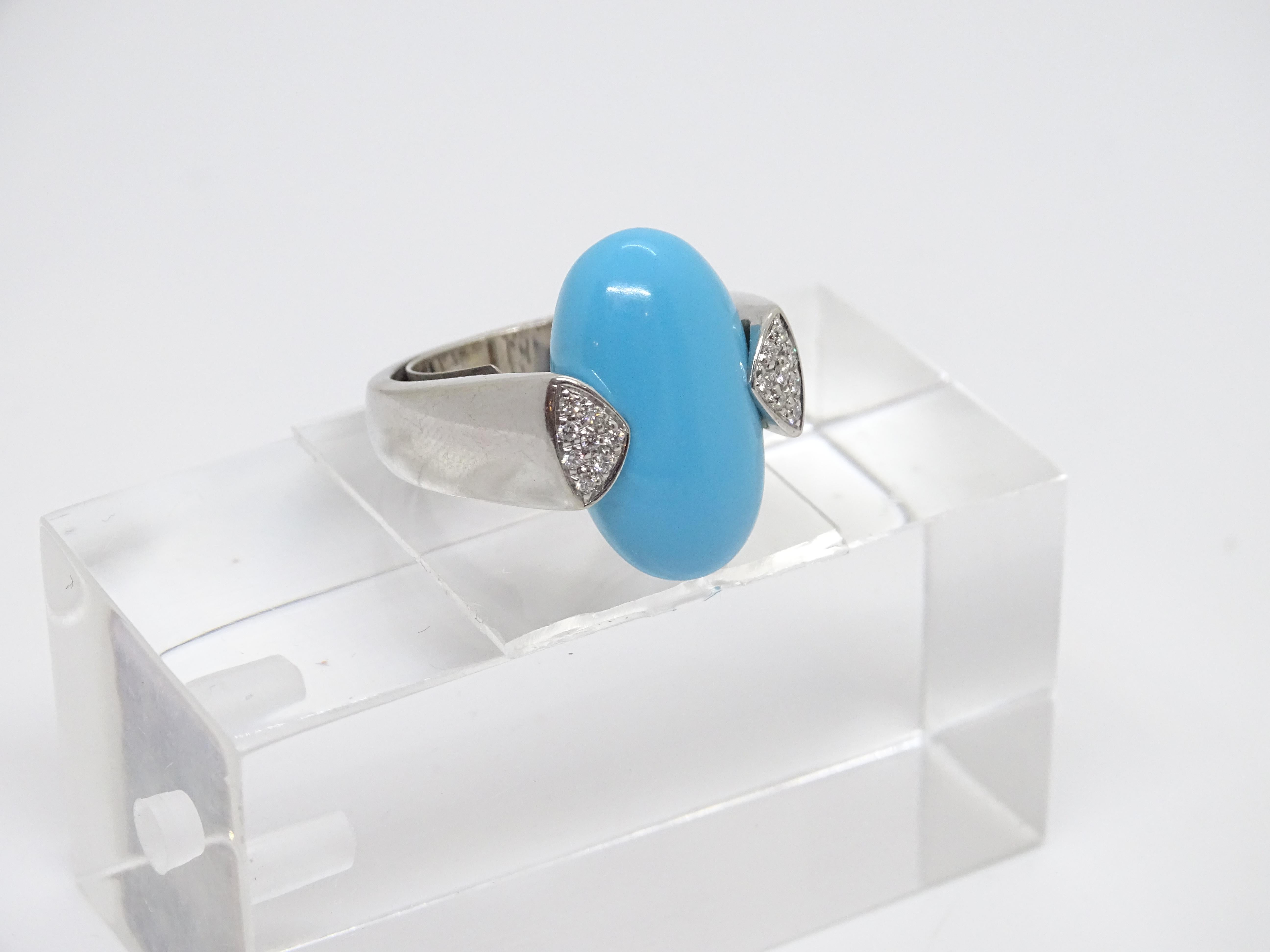 Italian Ring 18k white gold, turquoise cabochon and diamonds, 60's For Sale 9