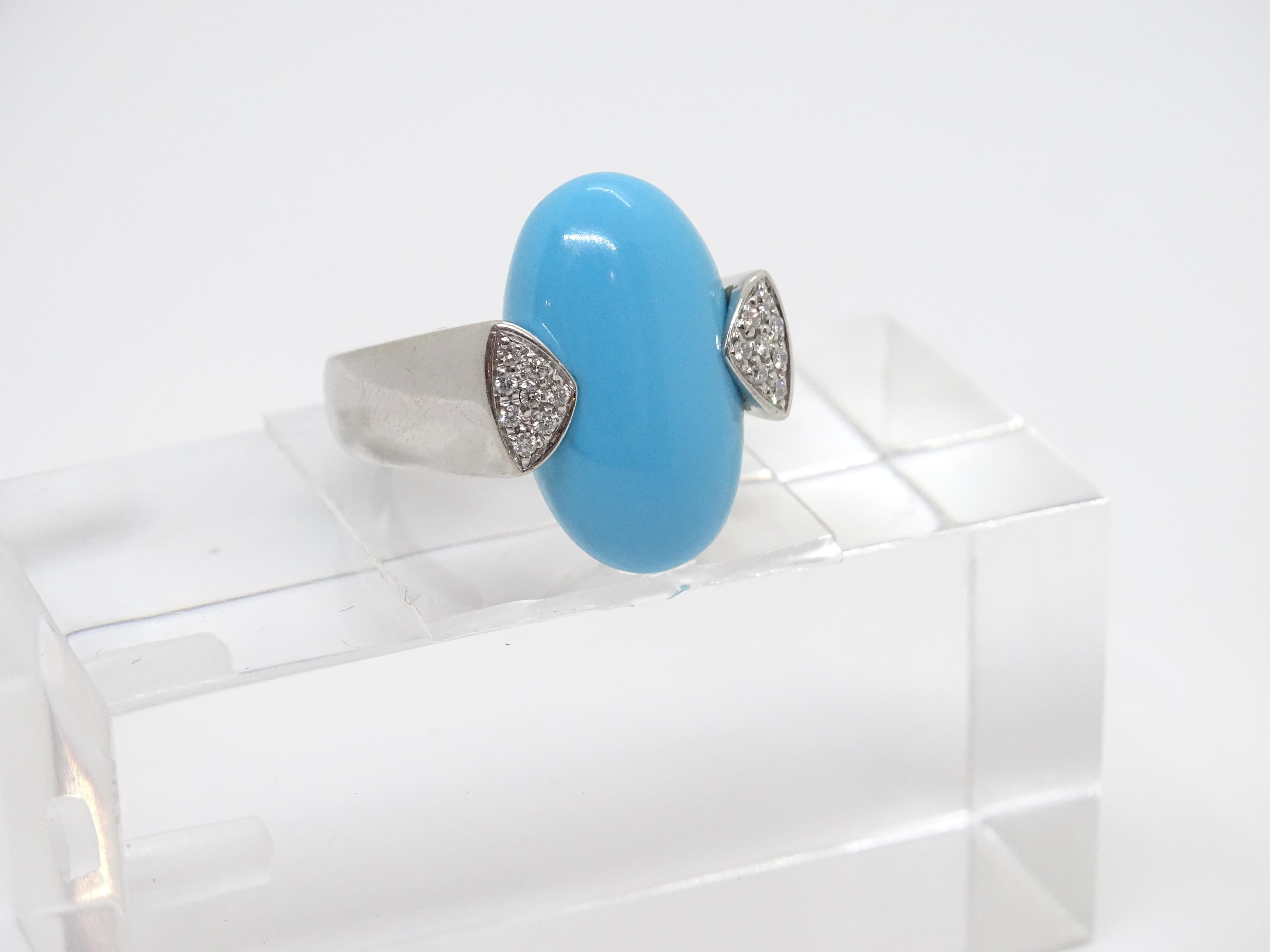 Italian Ring 18k white gold, turquoise cabochon and diamonds, 60's For Sale 10