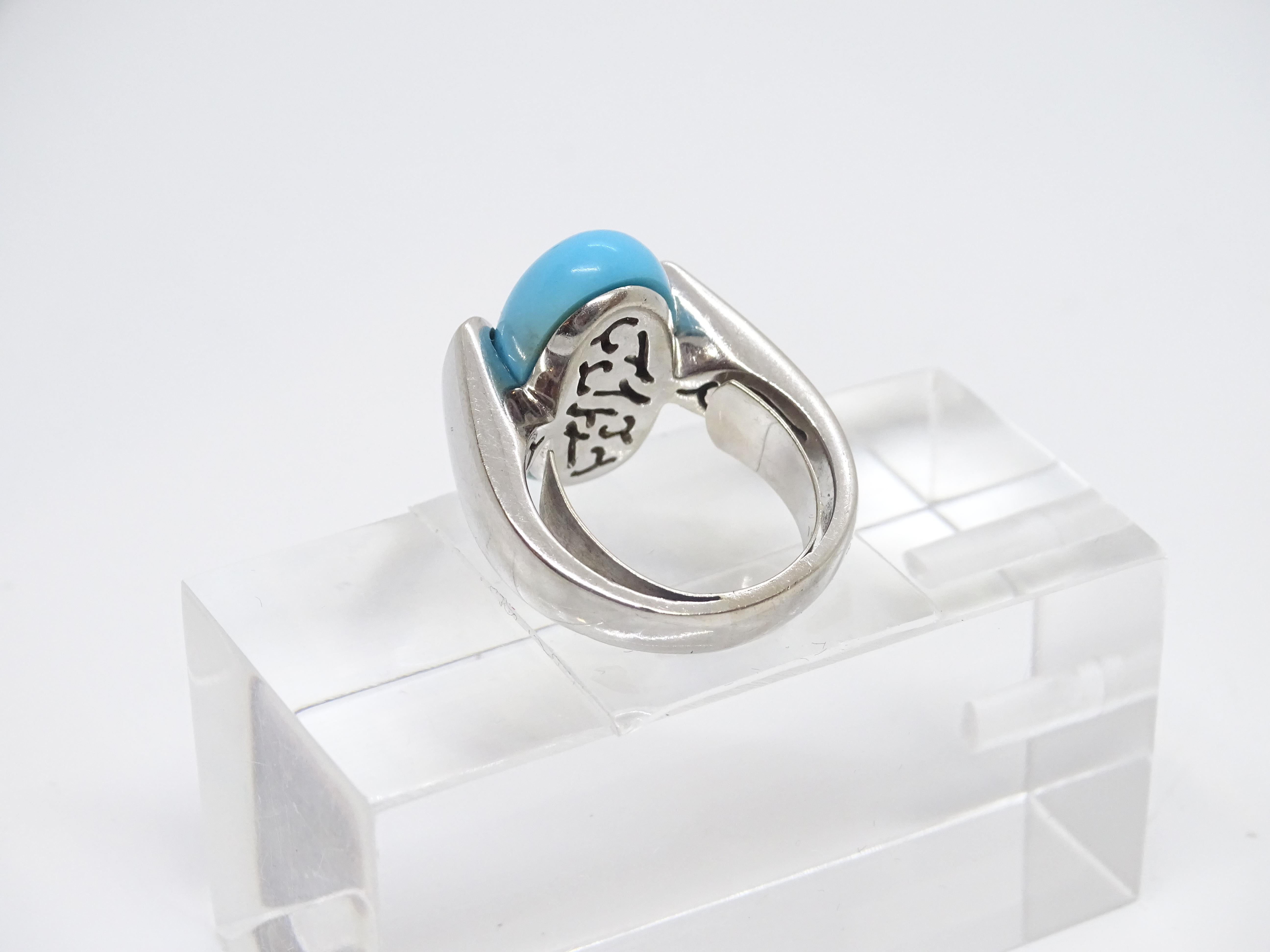 Italian Ring 18k white gold, turquoise cabochon and diamonds, 60's For Sale 13