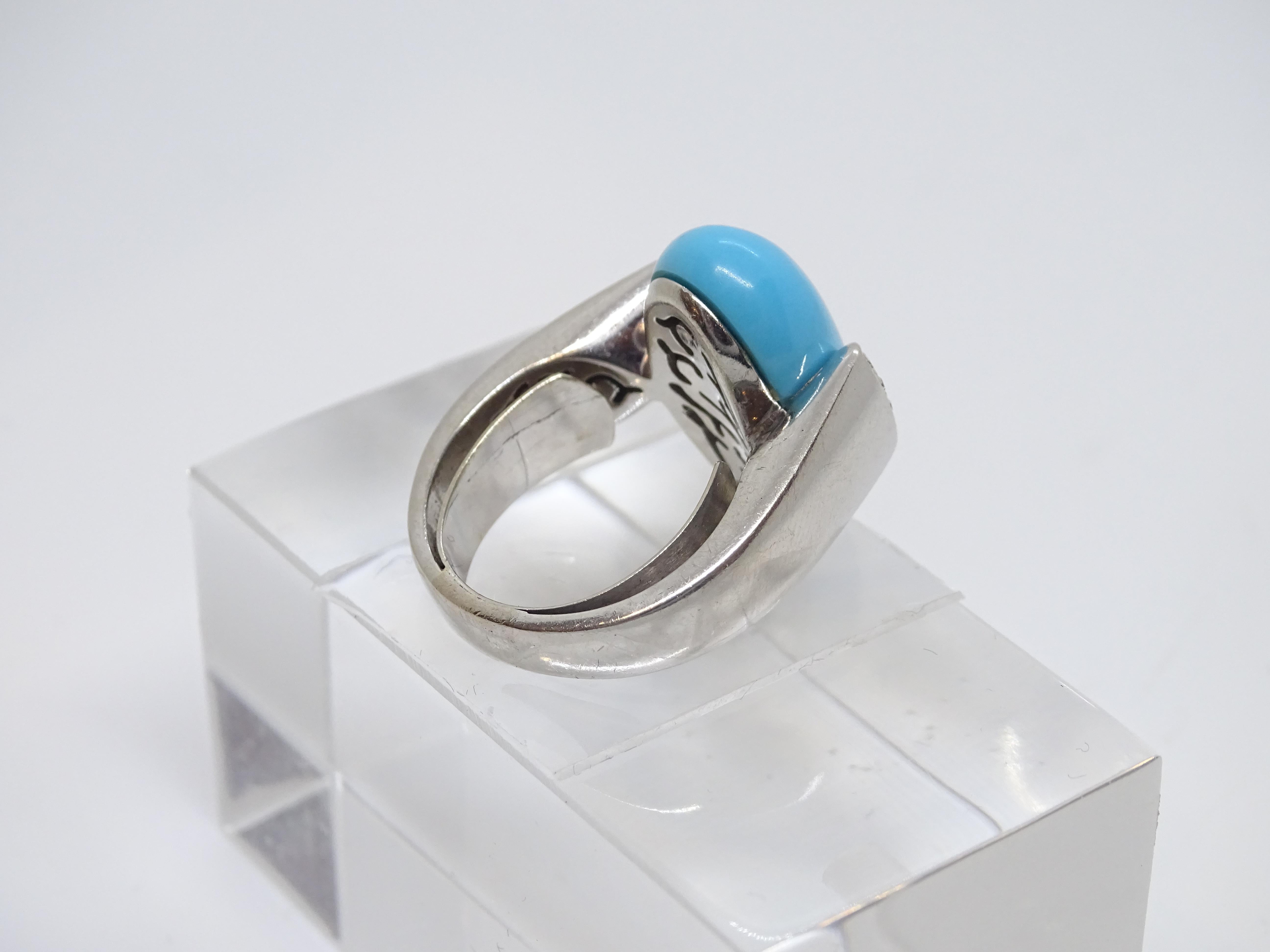 Italian Ring 18k white gold, turquoise cabochon and diamonds, 60's For Sale 14