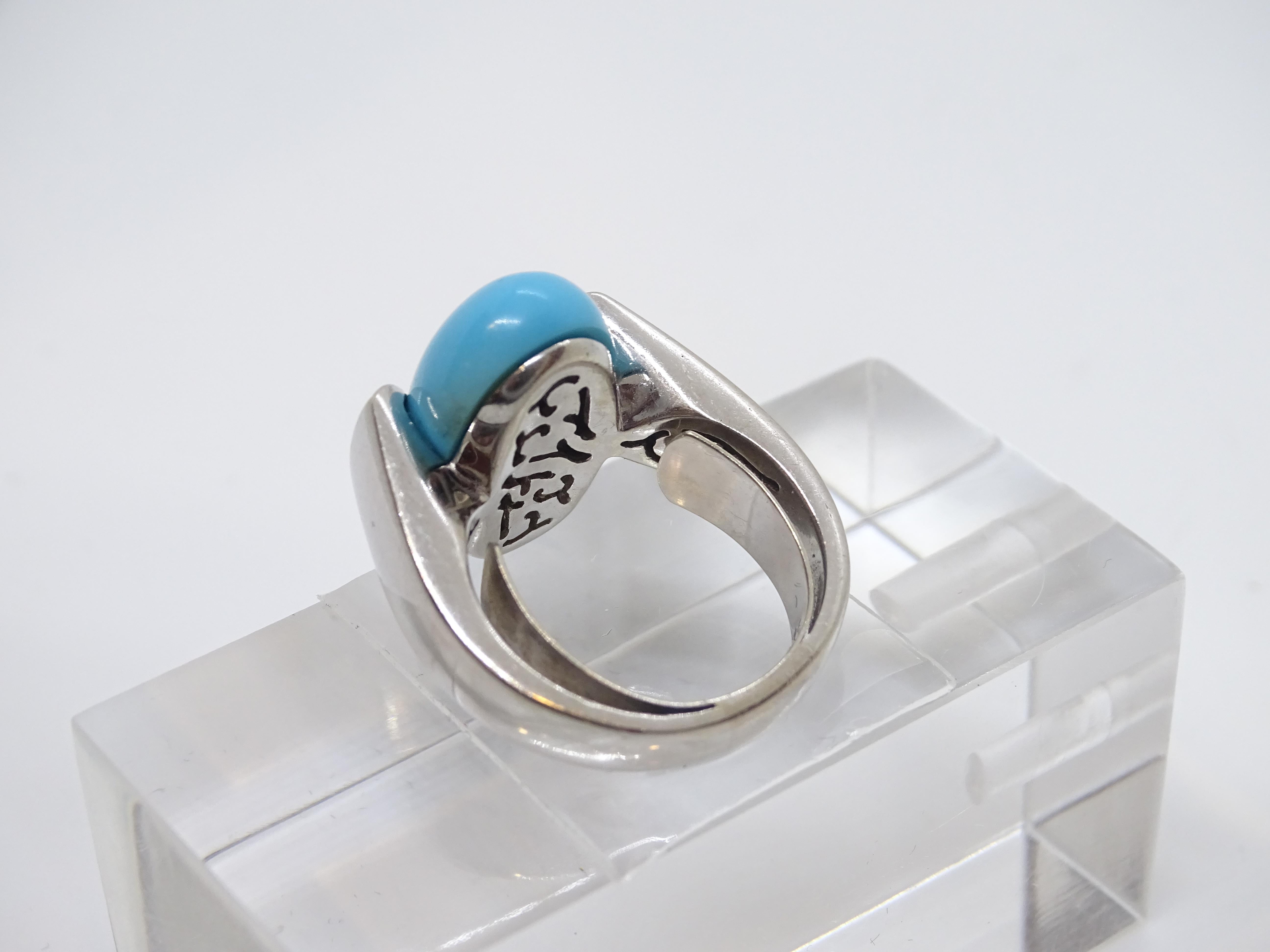 Italian Ring 18k white gold, turquoise cabochon and diamonds, 60's For Sale 15