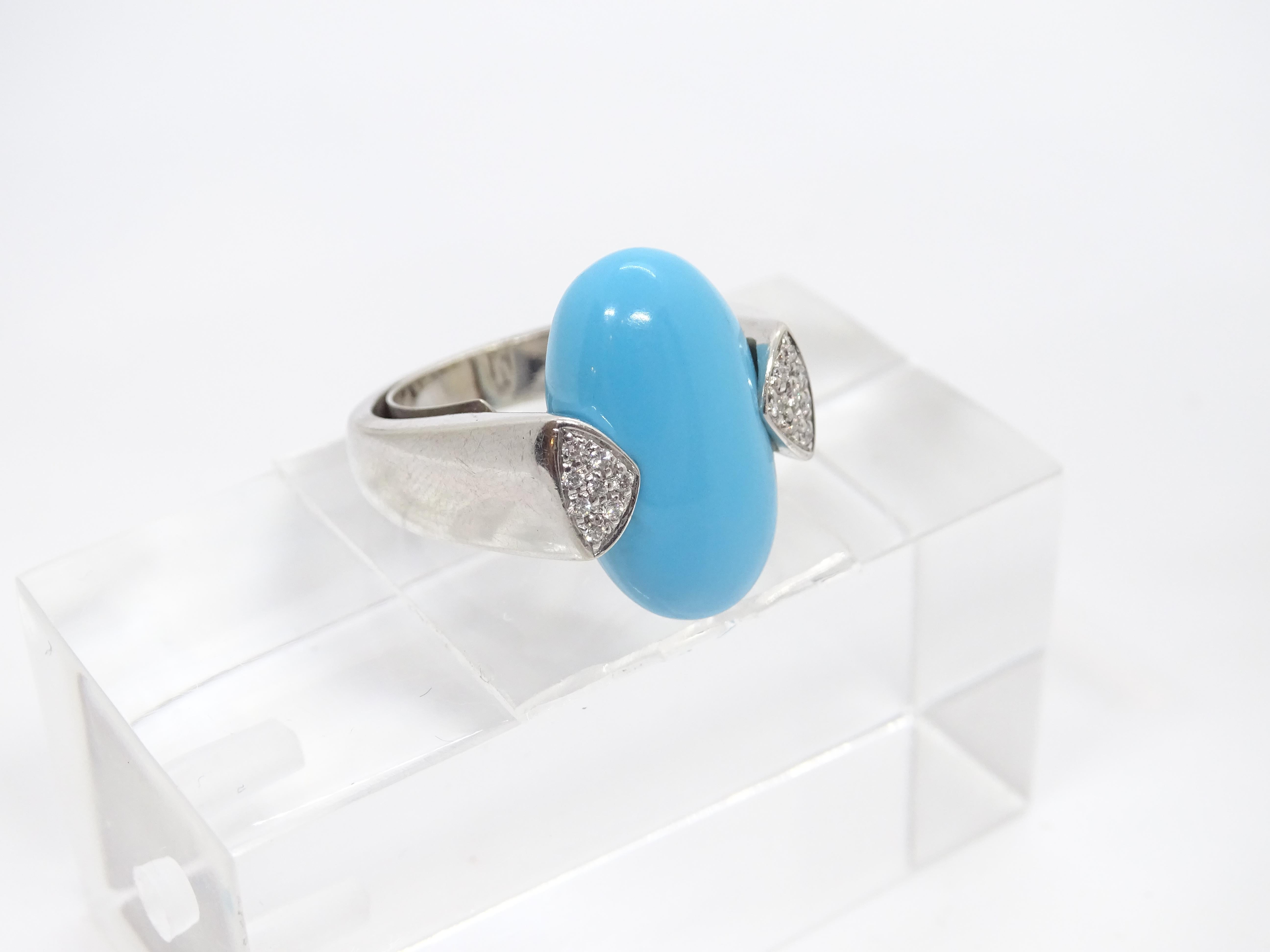 Italian Ring 18k white gold, turquoise cabochon and diamonds, 60's For Sale 3