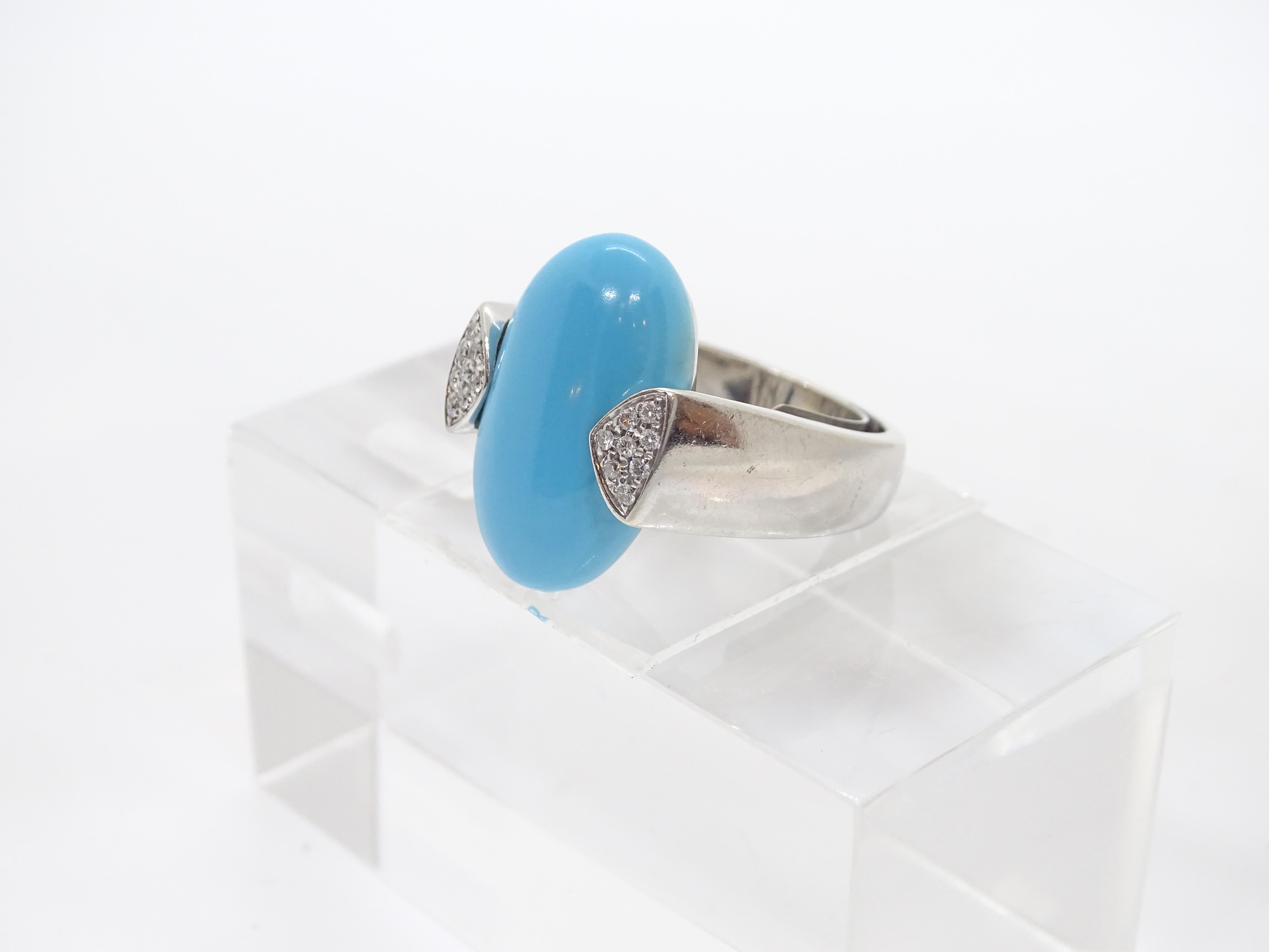 Italian Ring 18k white gold, turquoise cabochon and diamonds, 60's For Sale 4