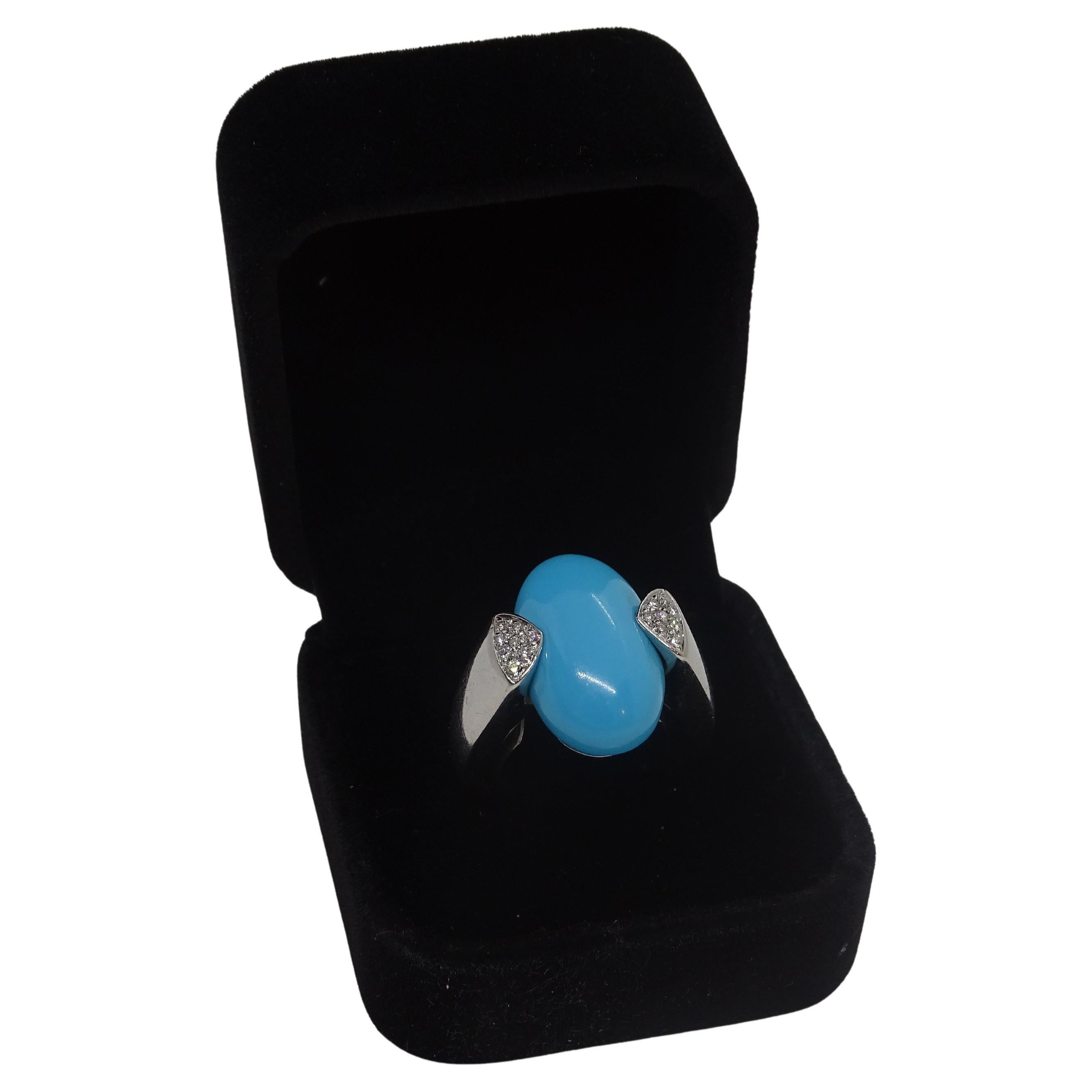 Italian Ring 18k white gold, turquoise cabochon and diamonds, 60's