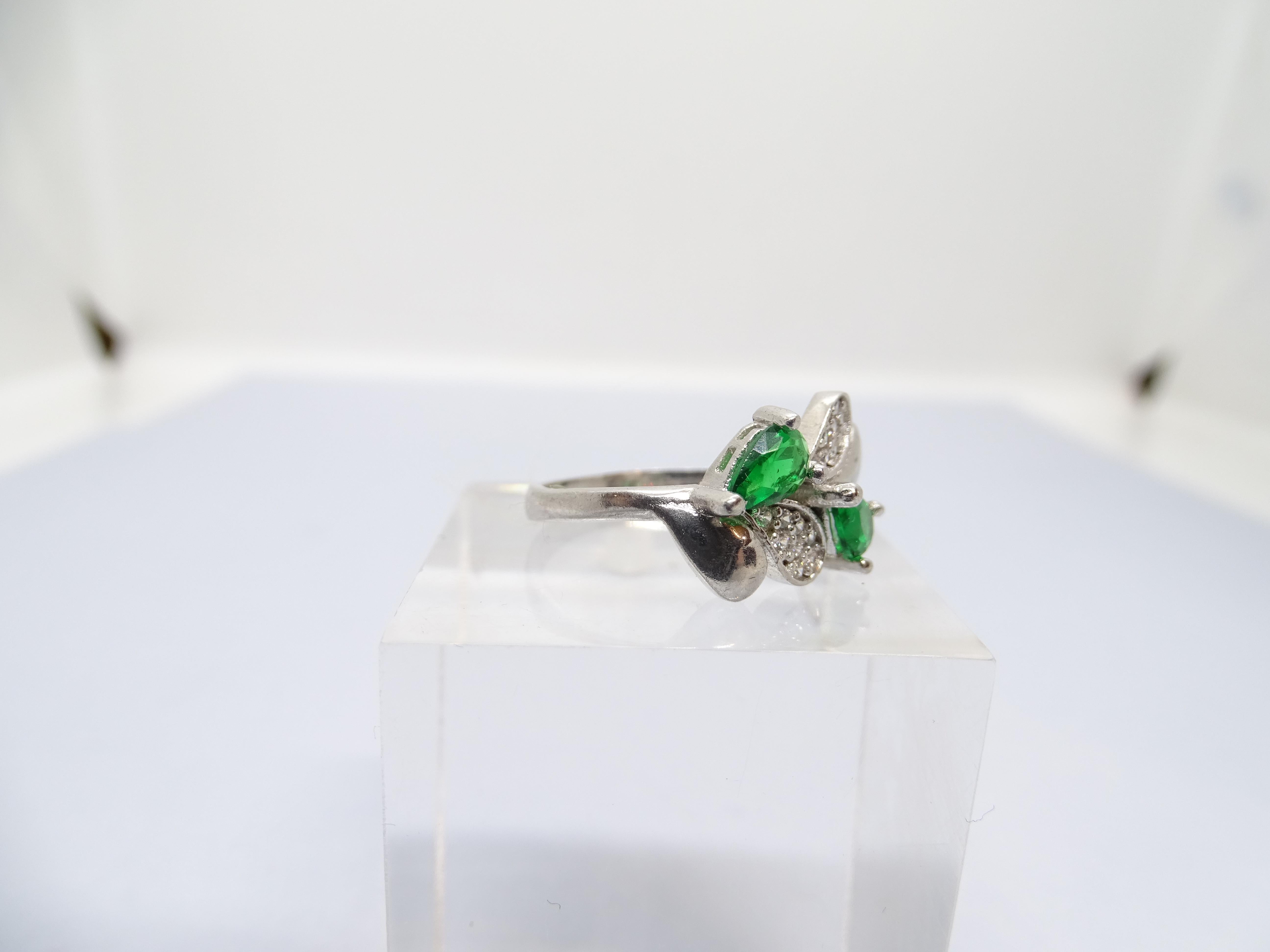 Art Nouveau Anello italiano in argento sterling, zirconi e radice di smeraldo in vendita