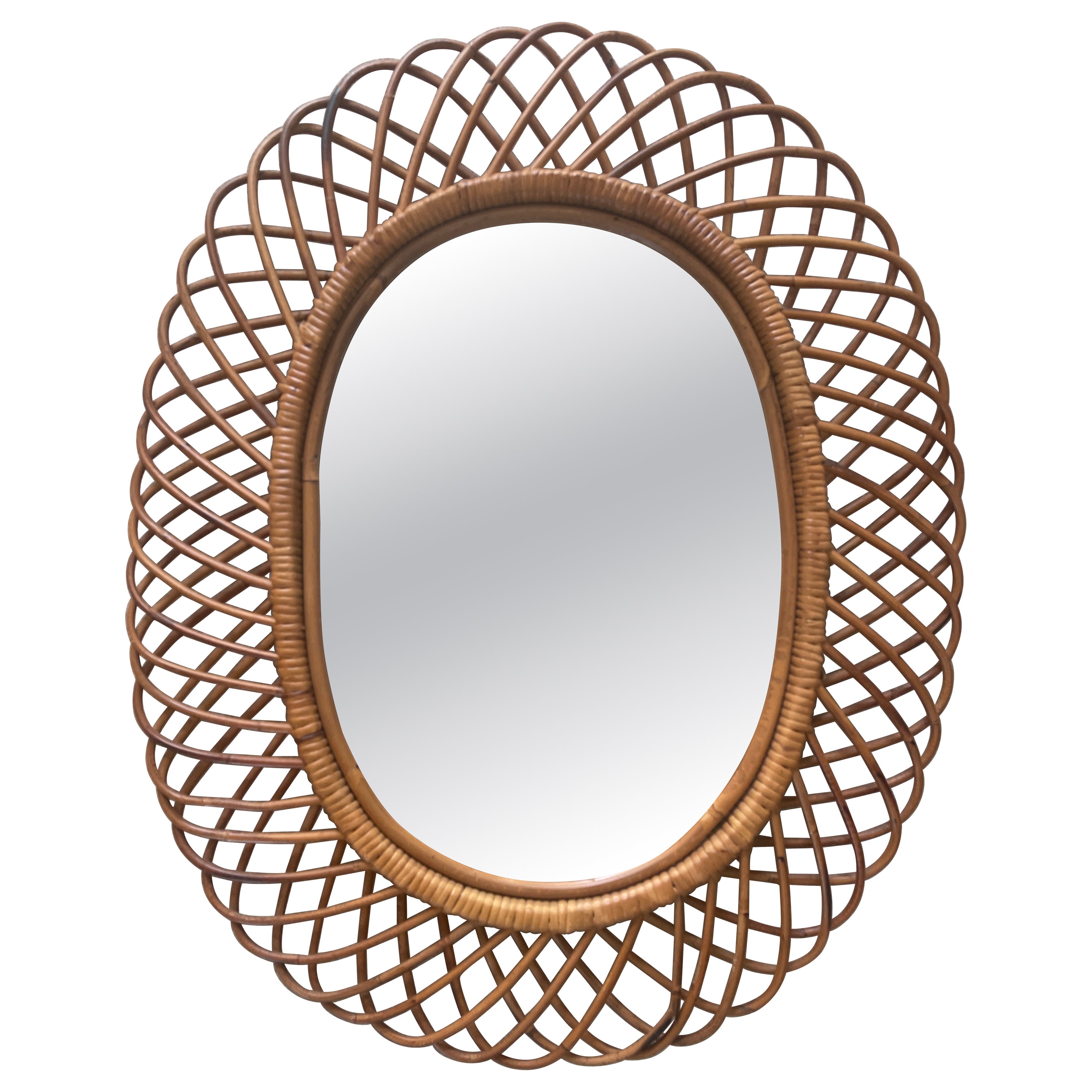 Italian Riviera 1960's Rattan Oval Mirror by Franco Albini