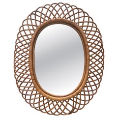 Specchio ovale in rattan della Riviera italiana degli anni '60 di Franco Albini