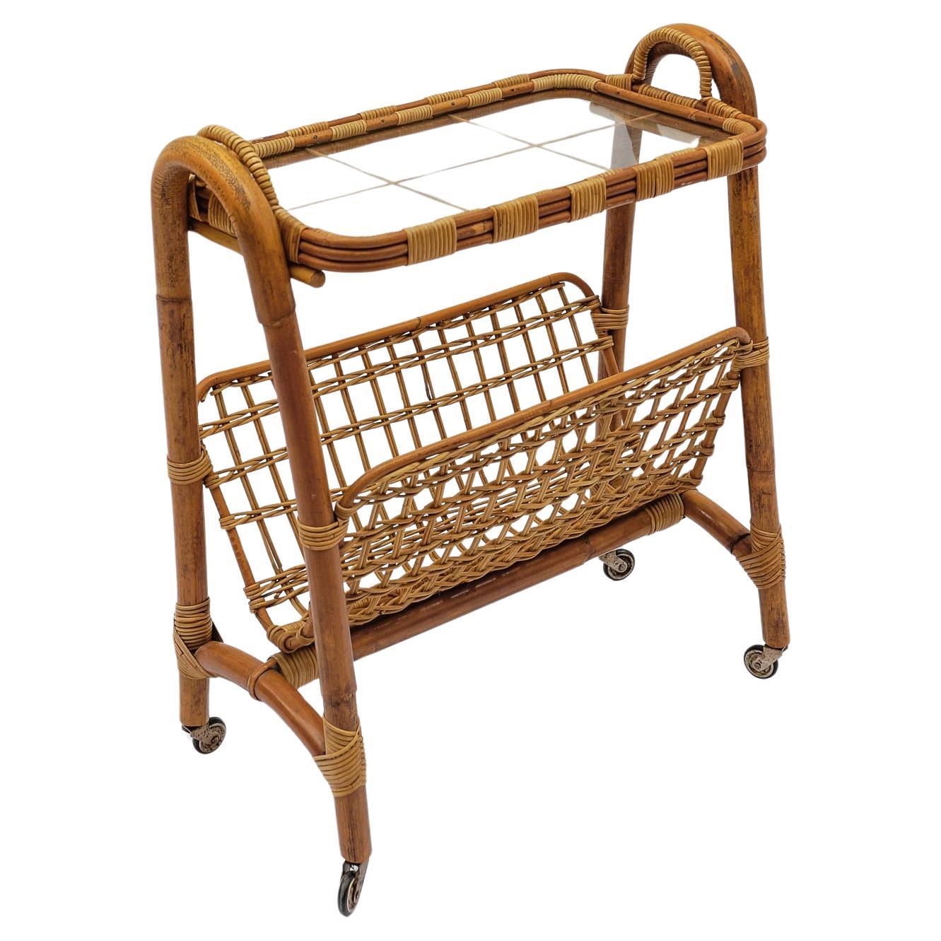 Italienischer Riviera-Bambus- und Rattan-Barwagen Servierwagen, 1950er Jahre
