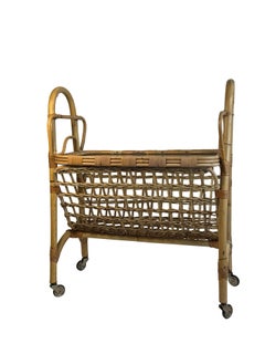 Italian Riviera Bamboo and Rattan Bar Cart Serving Trolley, Magazine Rack, 1950s