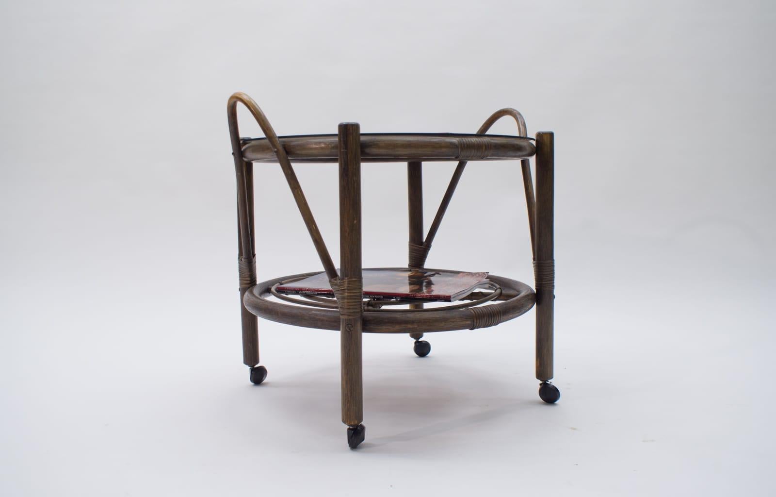 Smoked Glass Italian Riviera Bamboo and Rattan Bar Cart Serving Trolley, 1960s For Sale