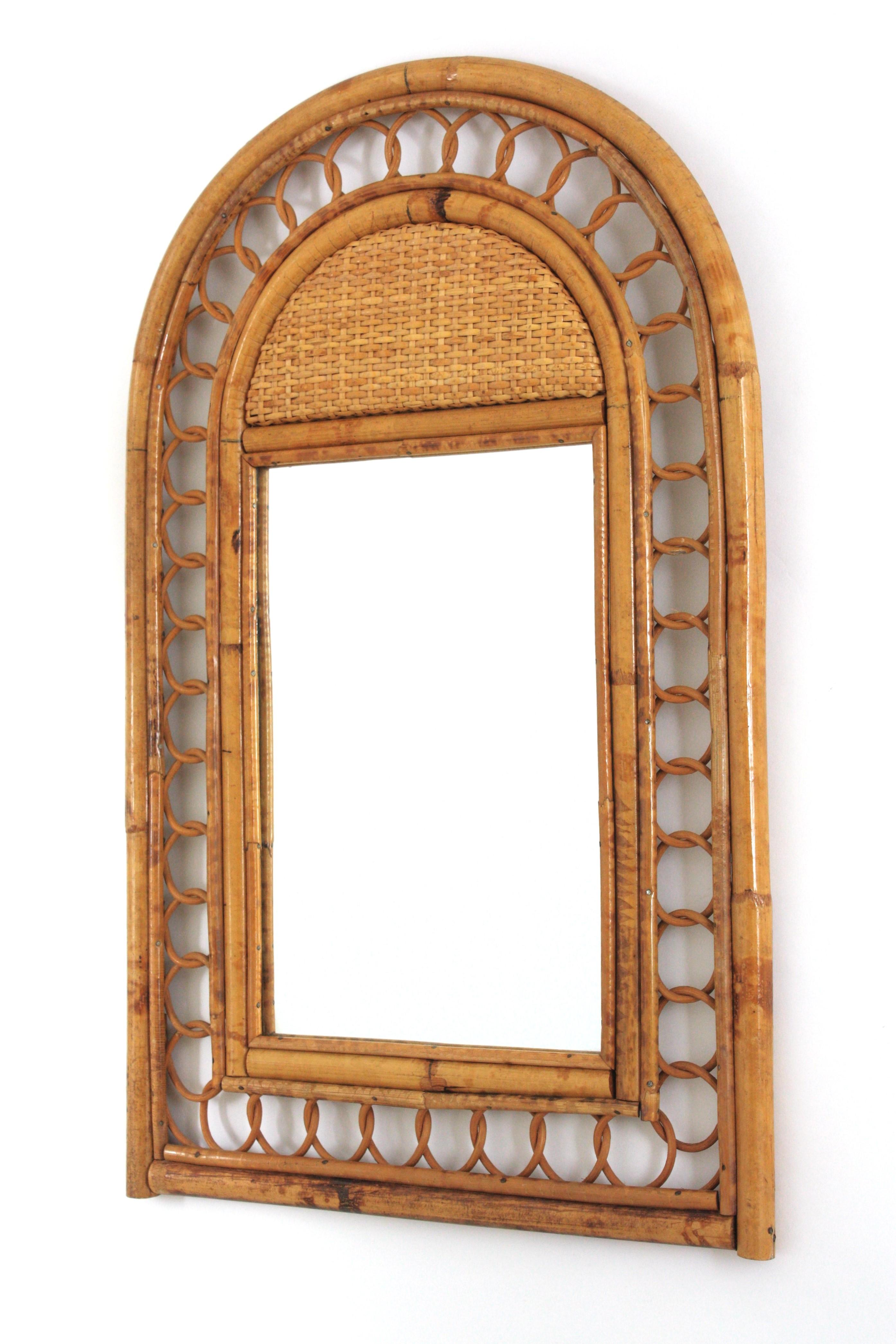 Italian Riviera Rattan Woven Mirror with Arch Top, 1950s For Sale 3
