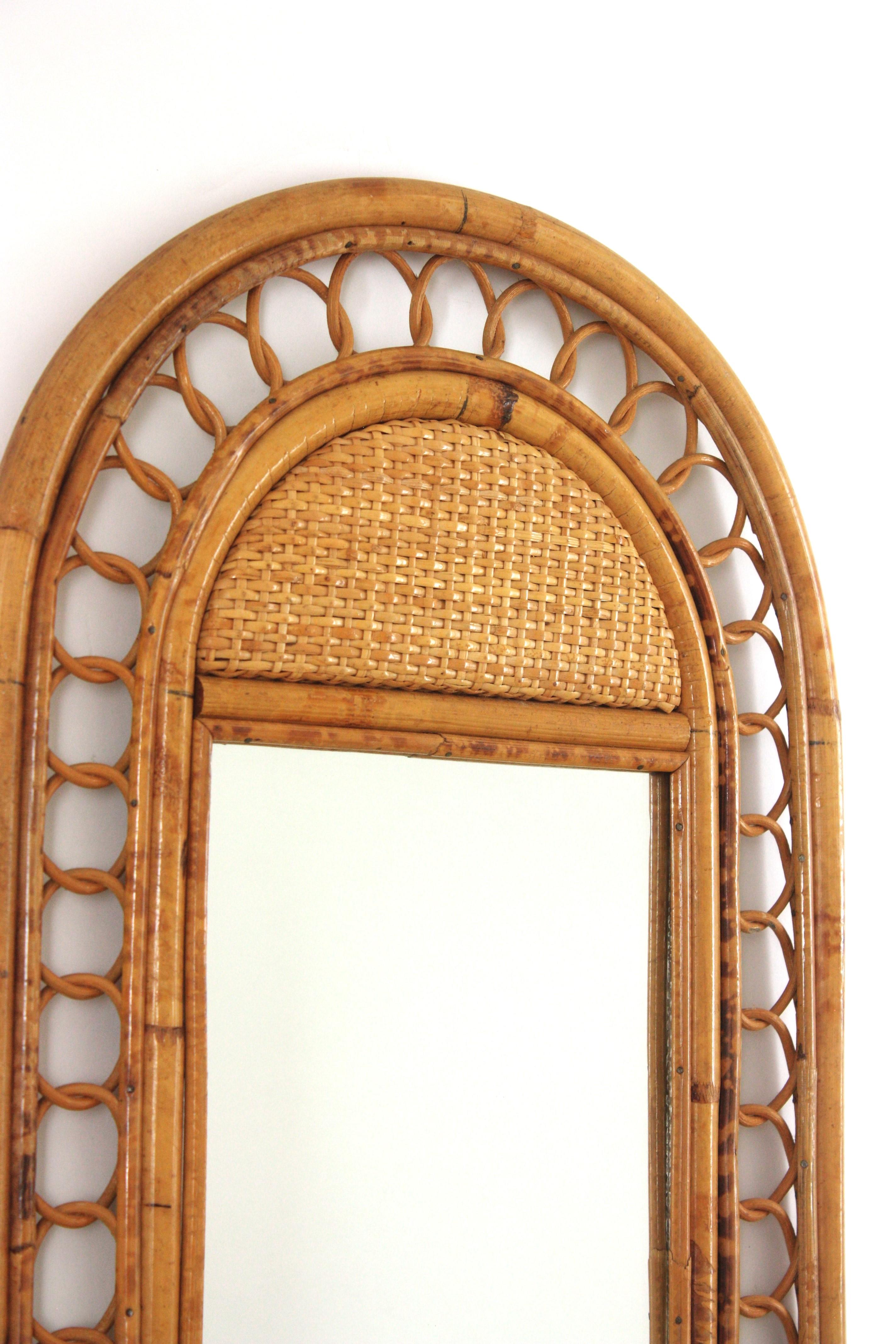 Hand-Crafted Italian Riviera Rattan Woven Mirror with Arch Top, 1950s For Sale