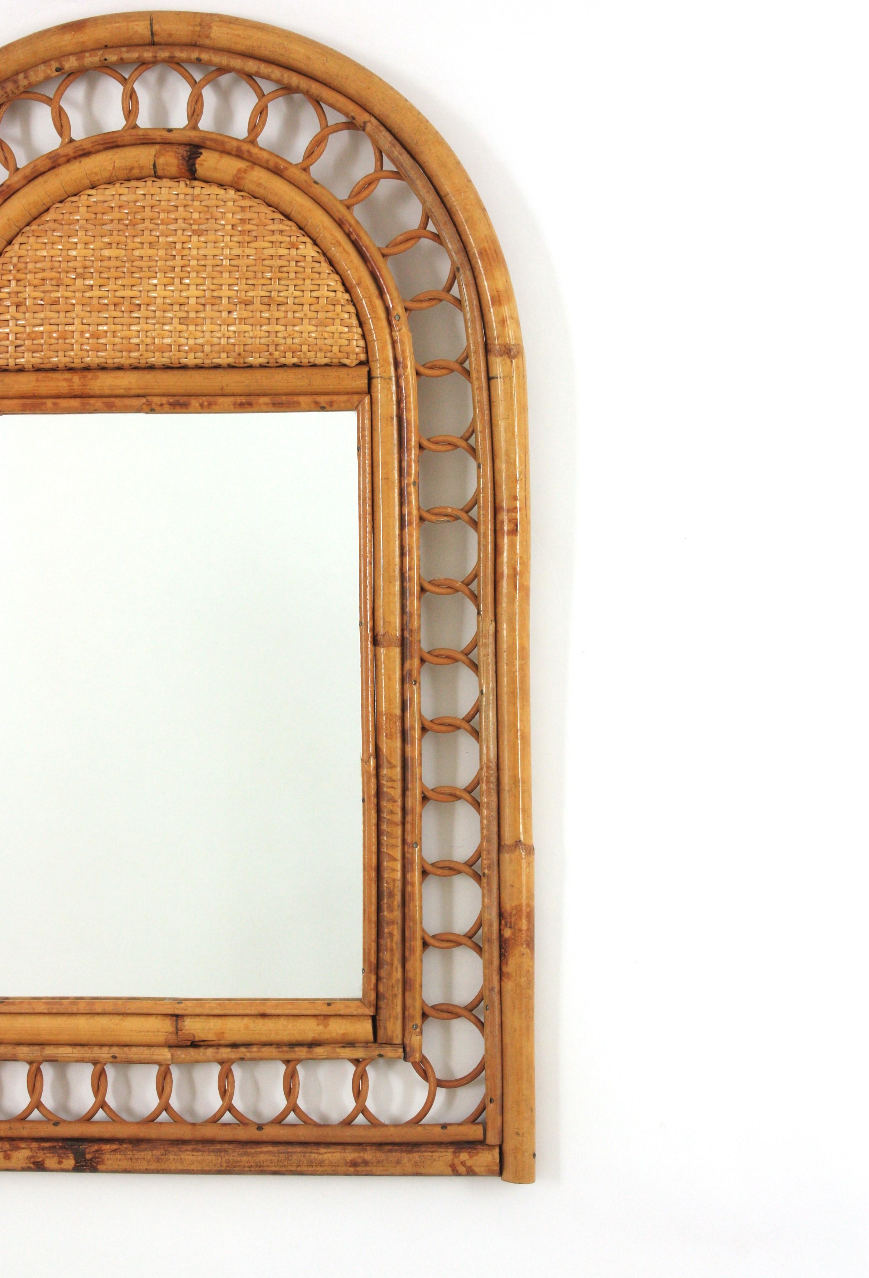 20th Century Italian Riviera Rattan Woven Mirror with Arch Top, 1950s For Sale