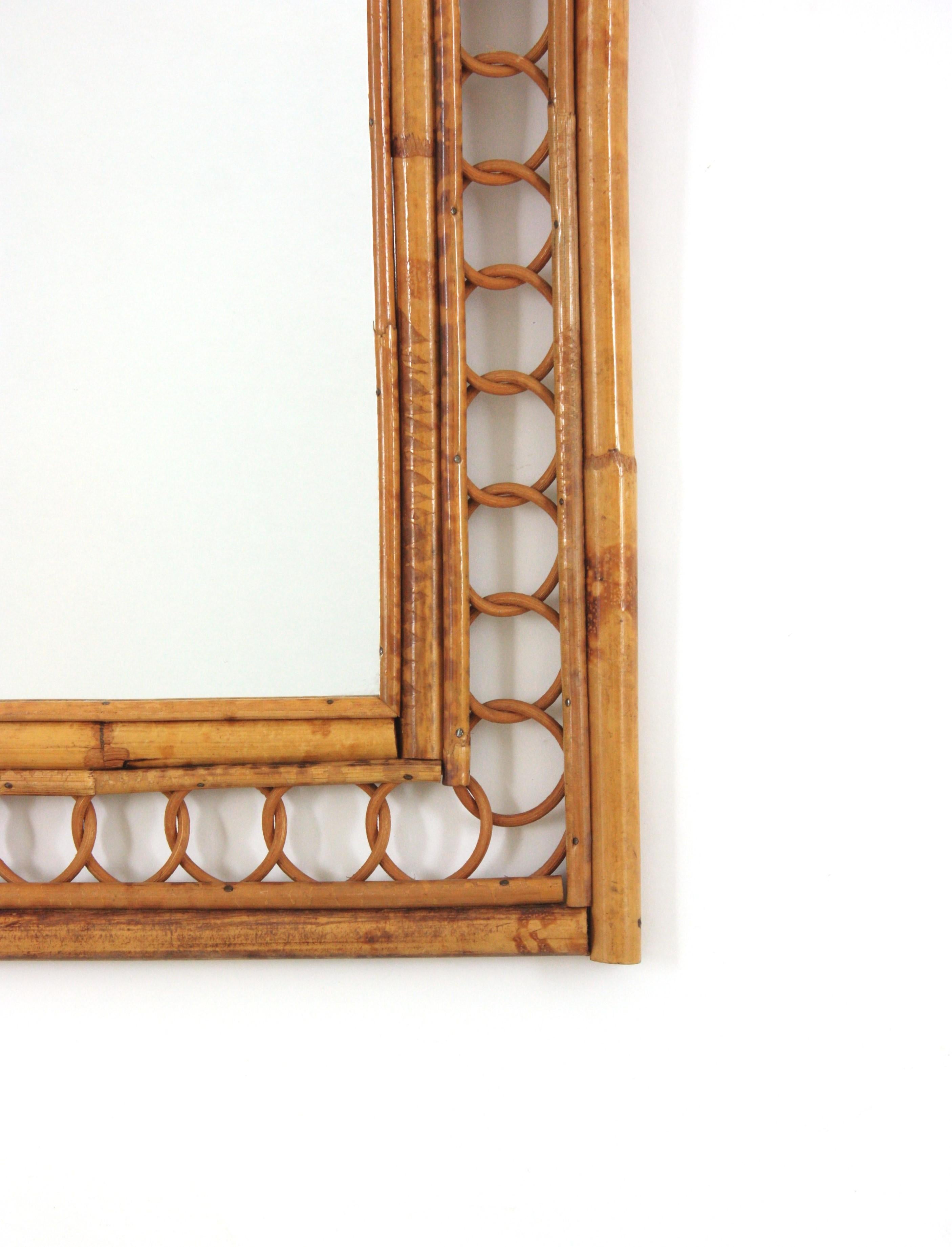Cane Italian Riviera Rattan Woven Mirror with Arch Top, 1950s For Sale