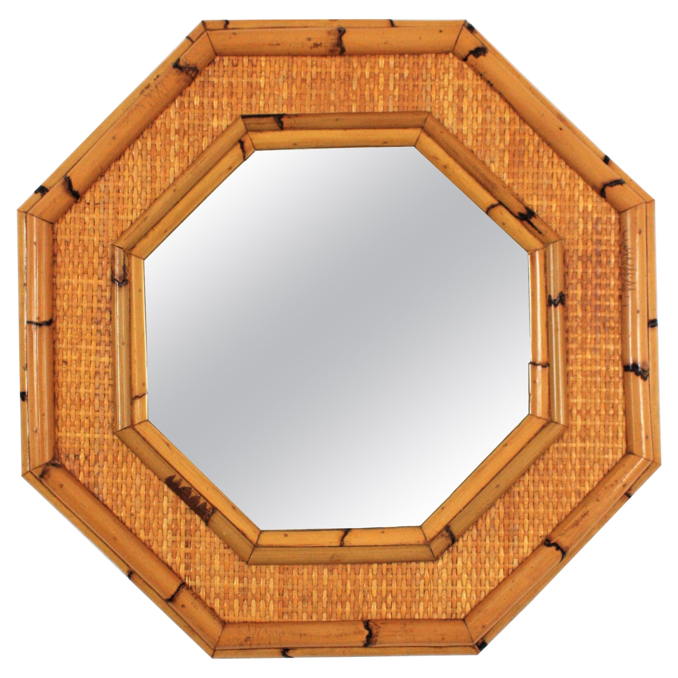Italian Riviera Coastal Rattan Bamboo Wicker Wire Octagonal Wall Mirror, 1960s