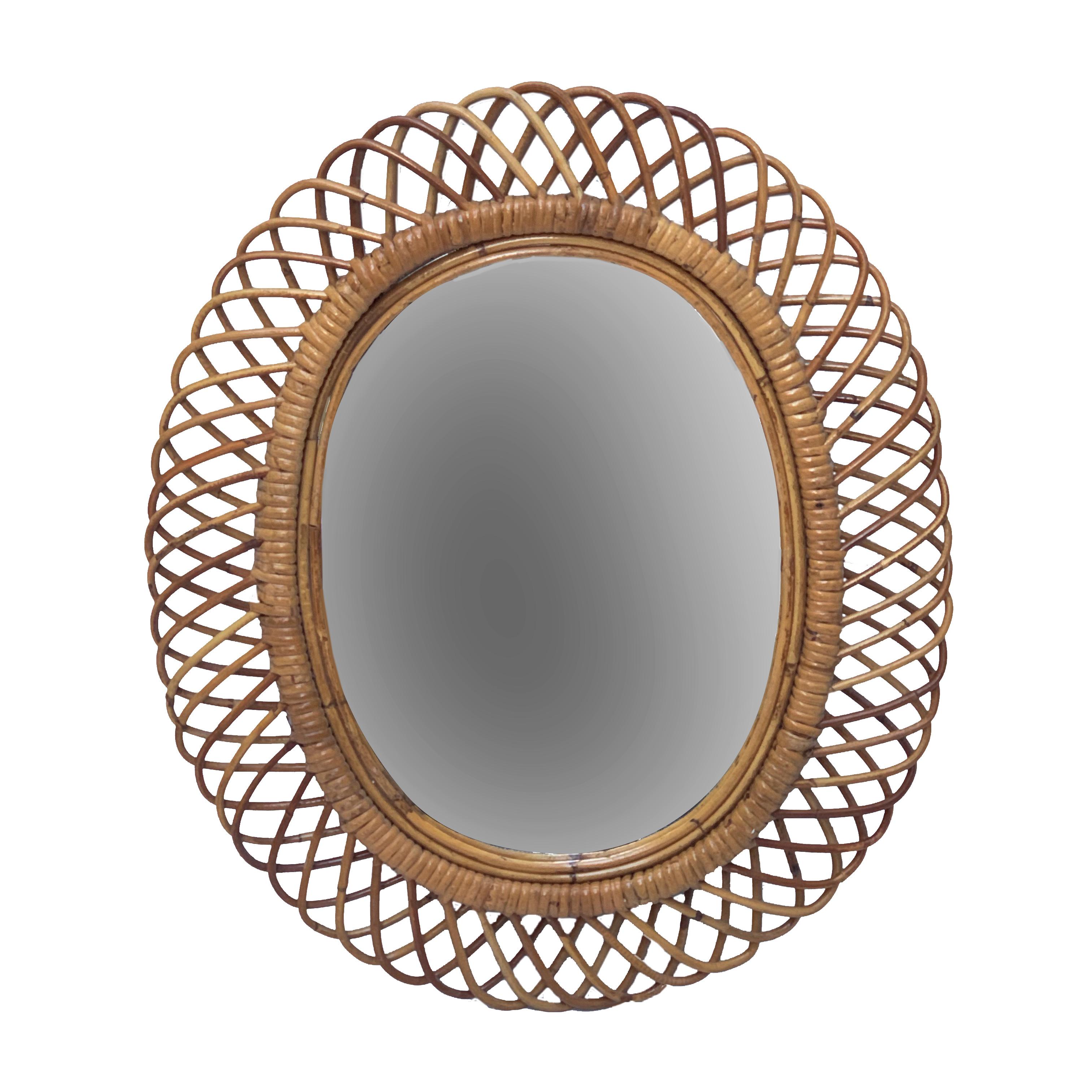 Mid-20th Century Midcentury French Riviera Rattan and Bamboo Italian Oval Mirror, 1960s
