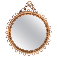 Italian Riviera Franco Albini Rattan and Bamboo Round Mirror, Italy, 1950s