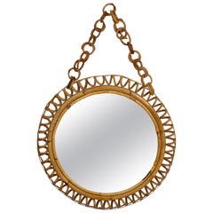 Italian Riviera Franco Albini Rattan and Bamboo Round Mirror, Italy, 1950s