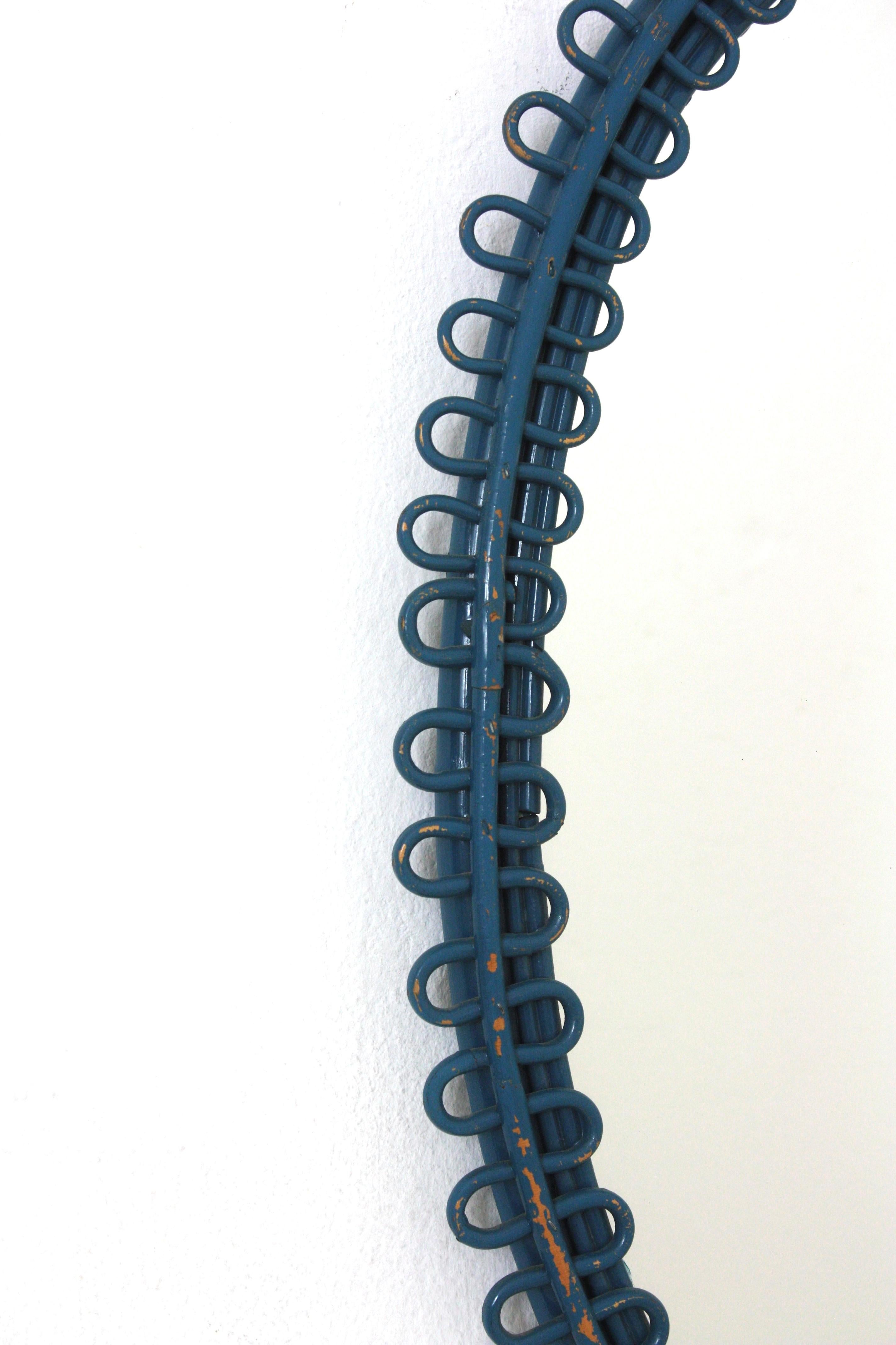 Italian Riviera Franco Albini Rattan Oval Wall Mirror, Blue Patina, Loop Design 3