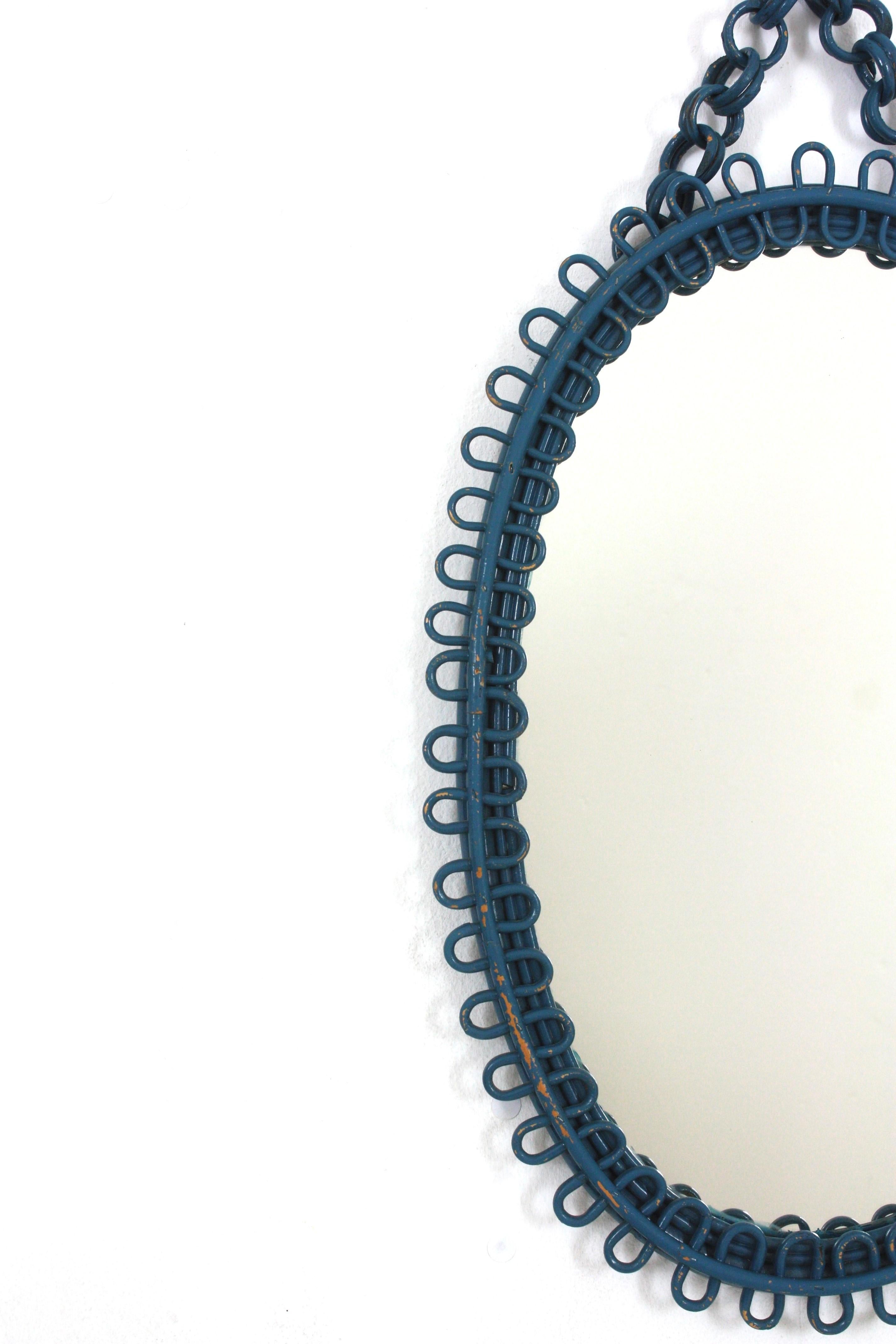 Italian Riviera Franco Albini Rattan Oval Wall Mirror, Blue Patina, Loop Design 4