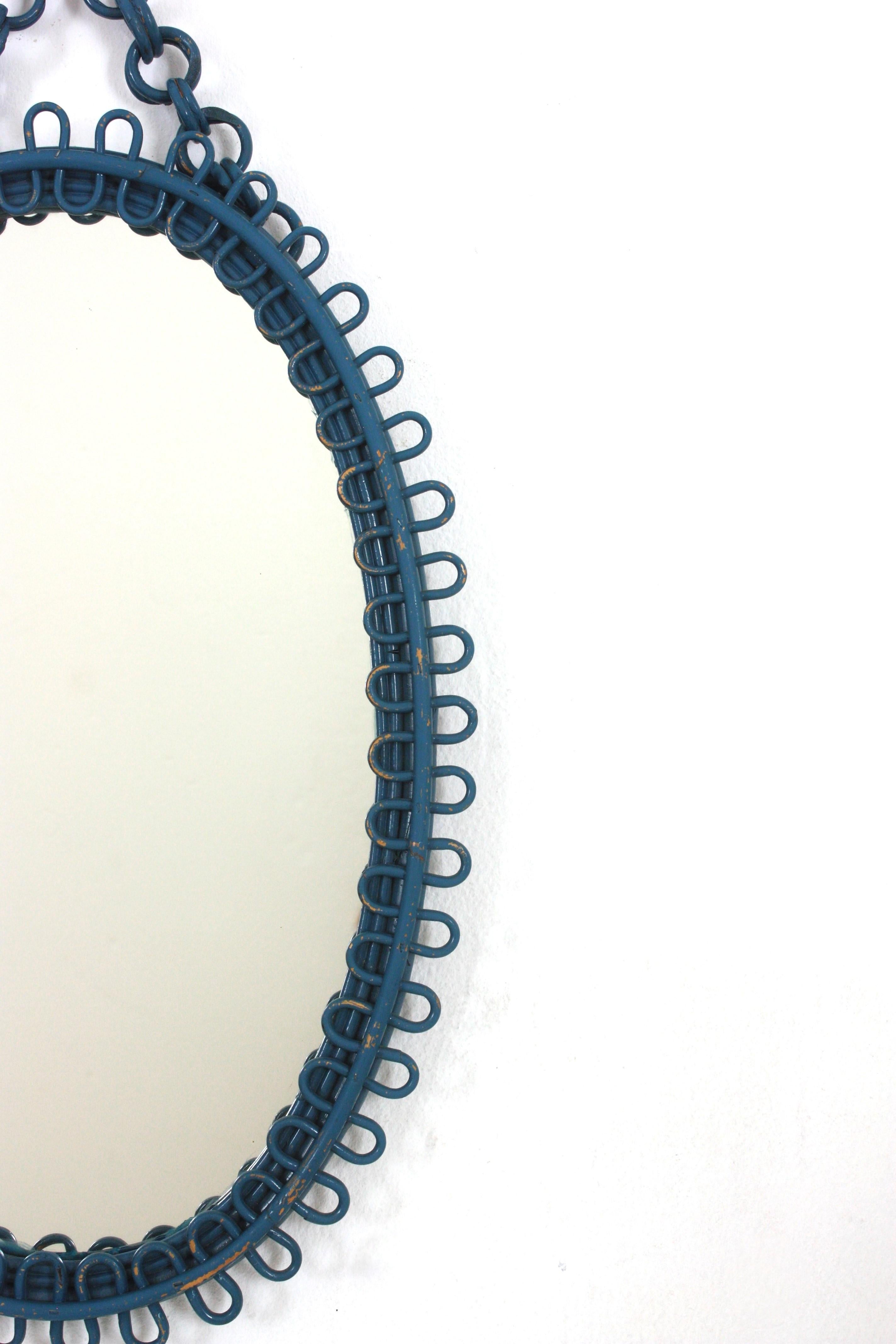 Italian Riviera Franco Albini Rattan Oval Wall Mirror, Blue Patina, Loop Design 5