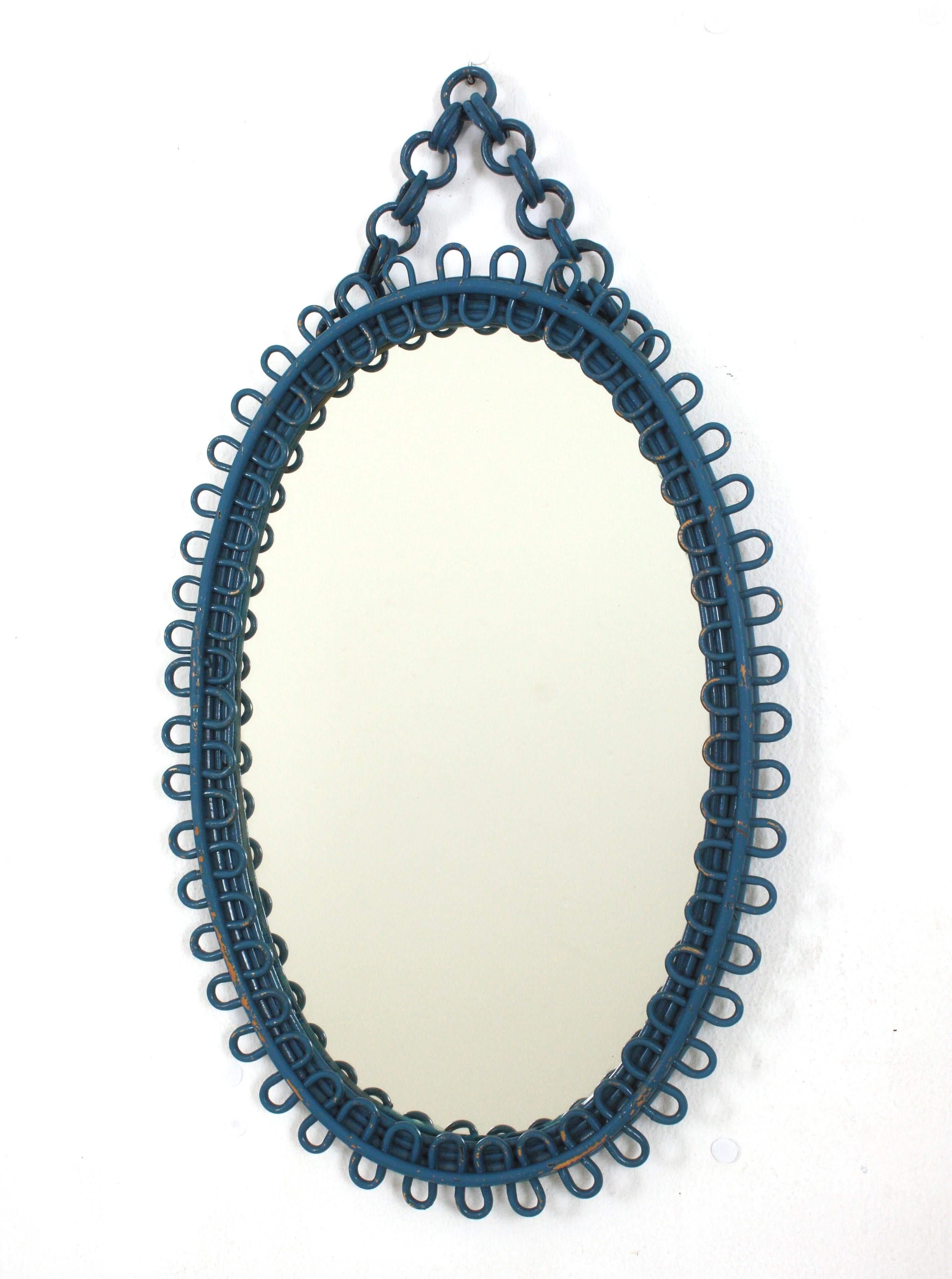 Italian Riviera Franco Albini Rattan Oval Wall Mirror, Blue Patina, Loop Design 6