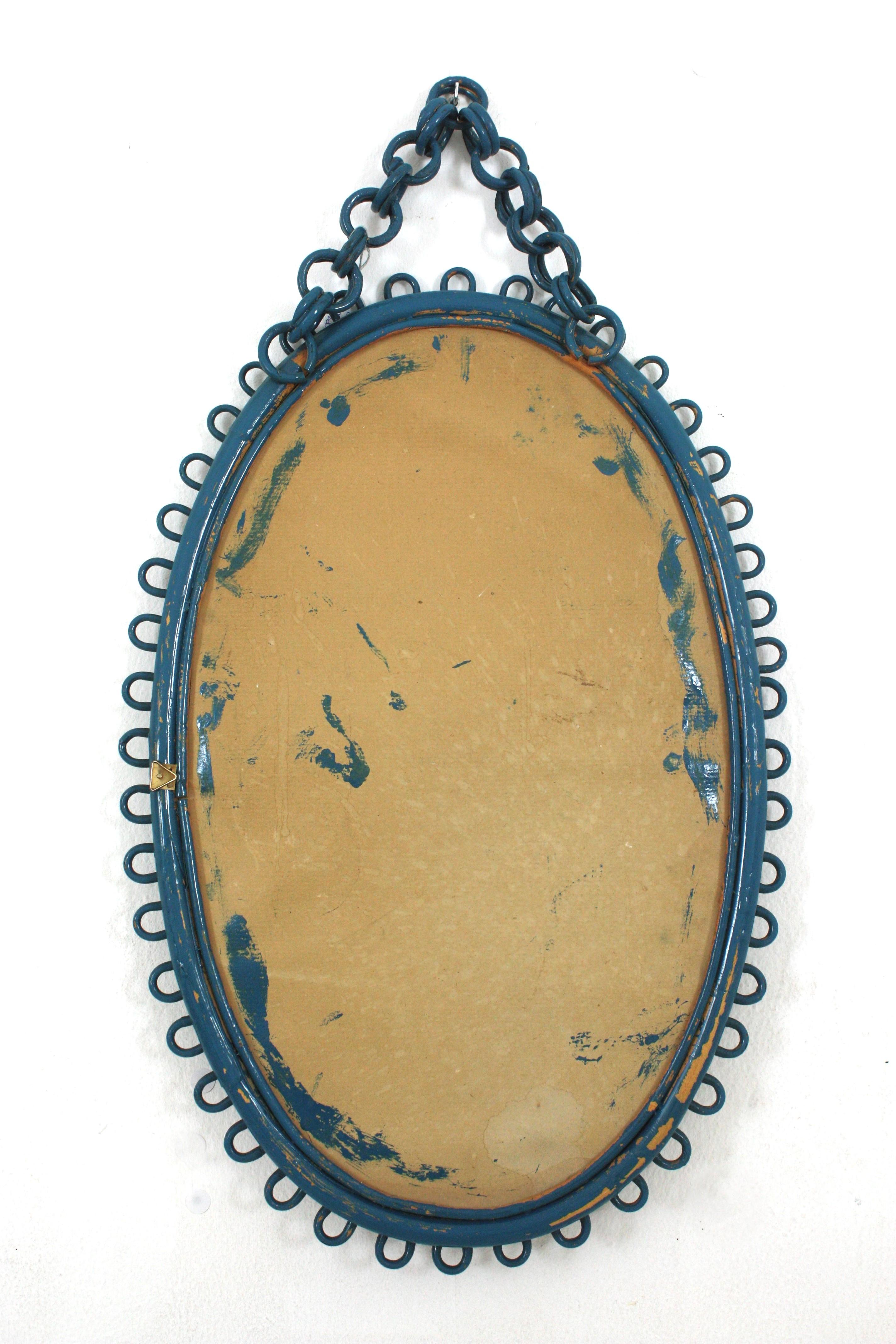 Italian Riviera Franco Albini Rattan Oval Wall Mirror, Blue Patina, Loop Design 7