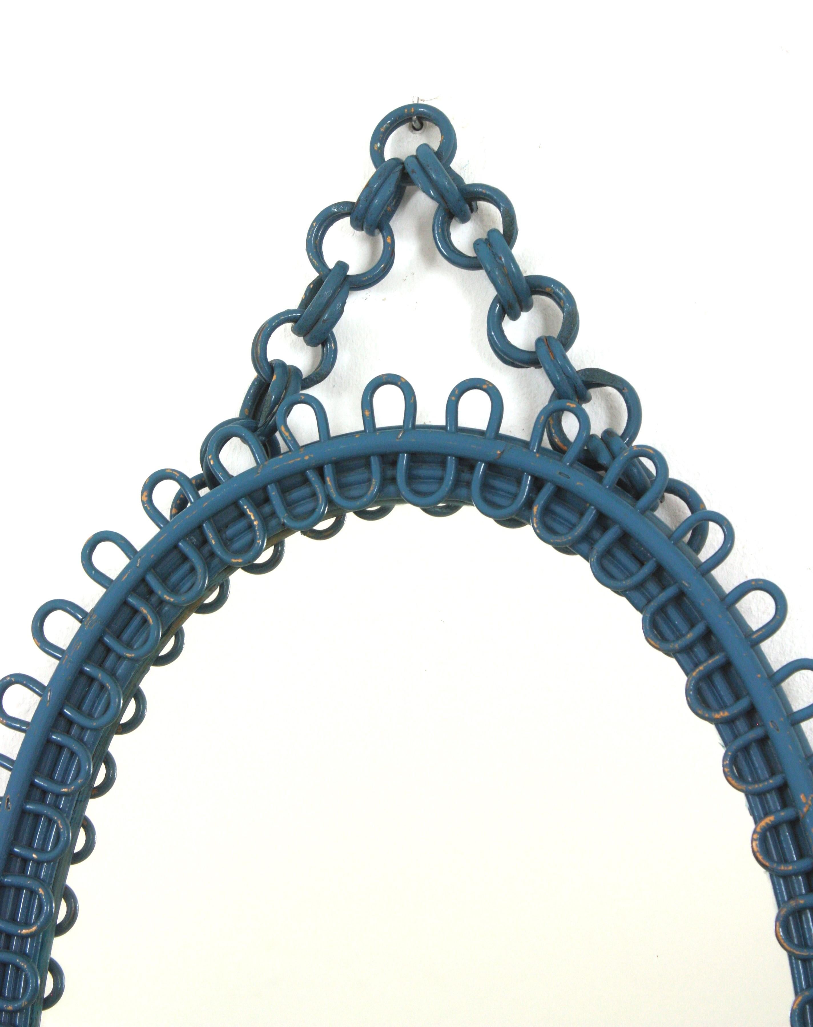 Mid-Century Modern Italian Riviera Franco Albini Rattan Oval Wall Mirror, Blue Patina, Loop Design