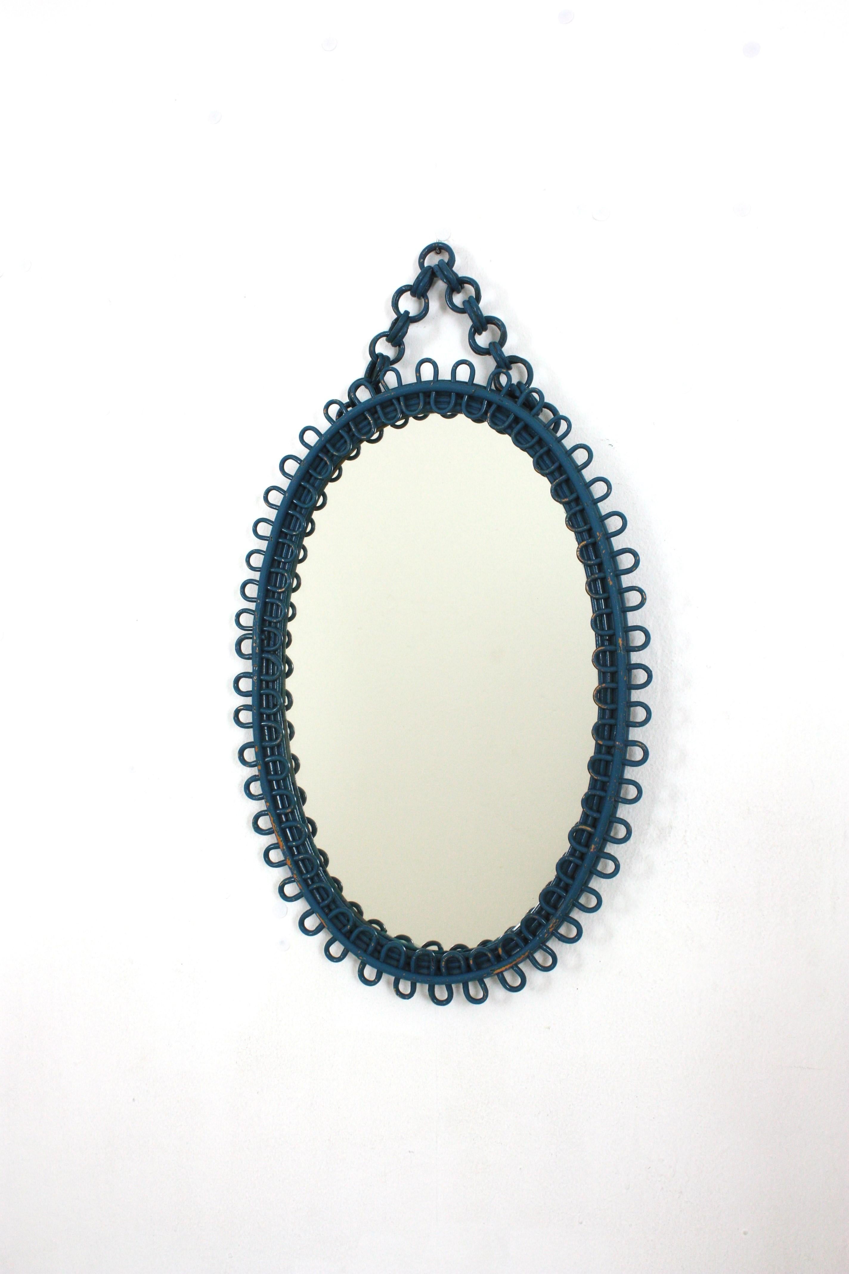 Hand-Crafted Italian Riviera Franco Albini Rattan Oval Wall Mirror, Blue Patina, Loop Design
