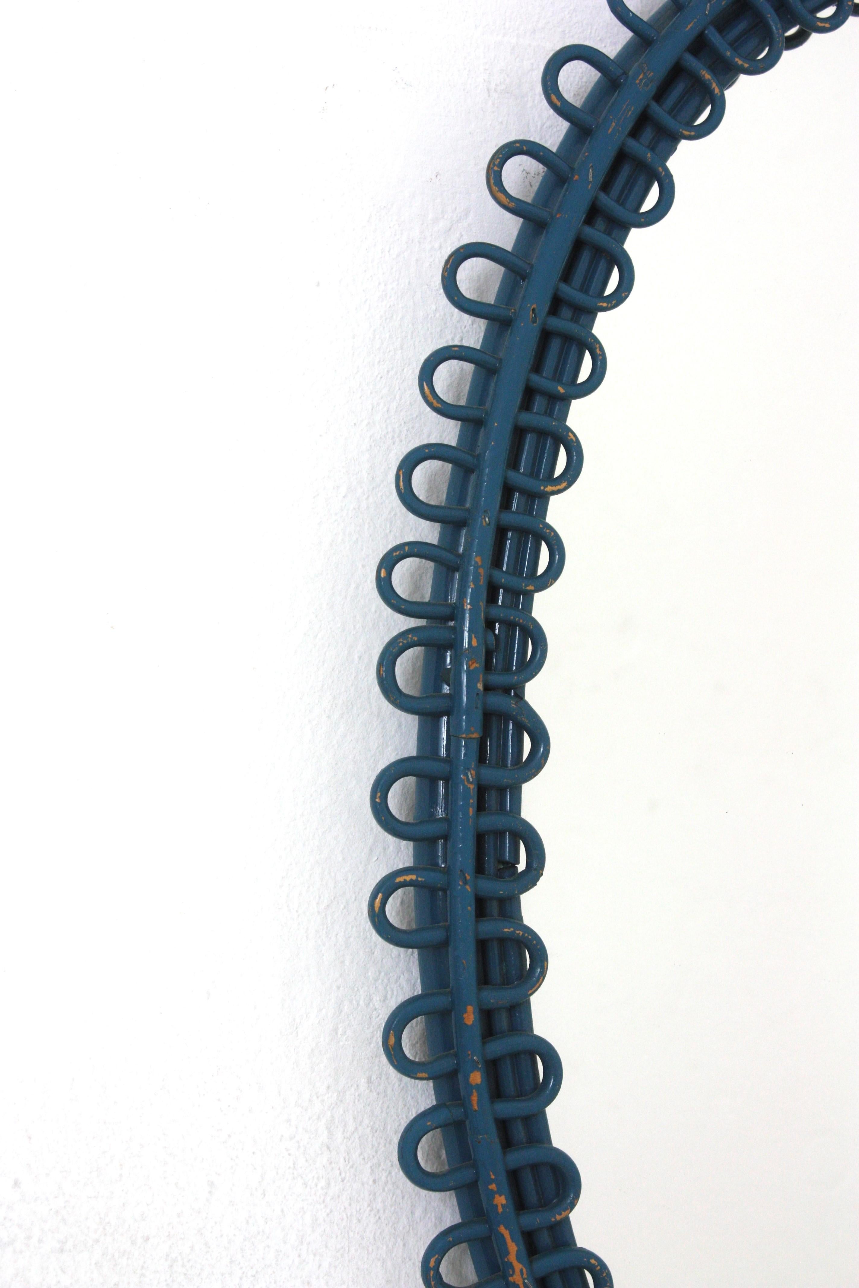 Italian Riviera Franco Albini Rattan Oval Wall Mirror, Blue Patina, Loop Design In Good Condition In Barcelona, ES