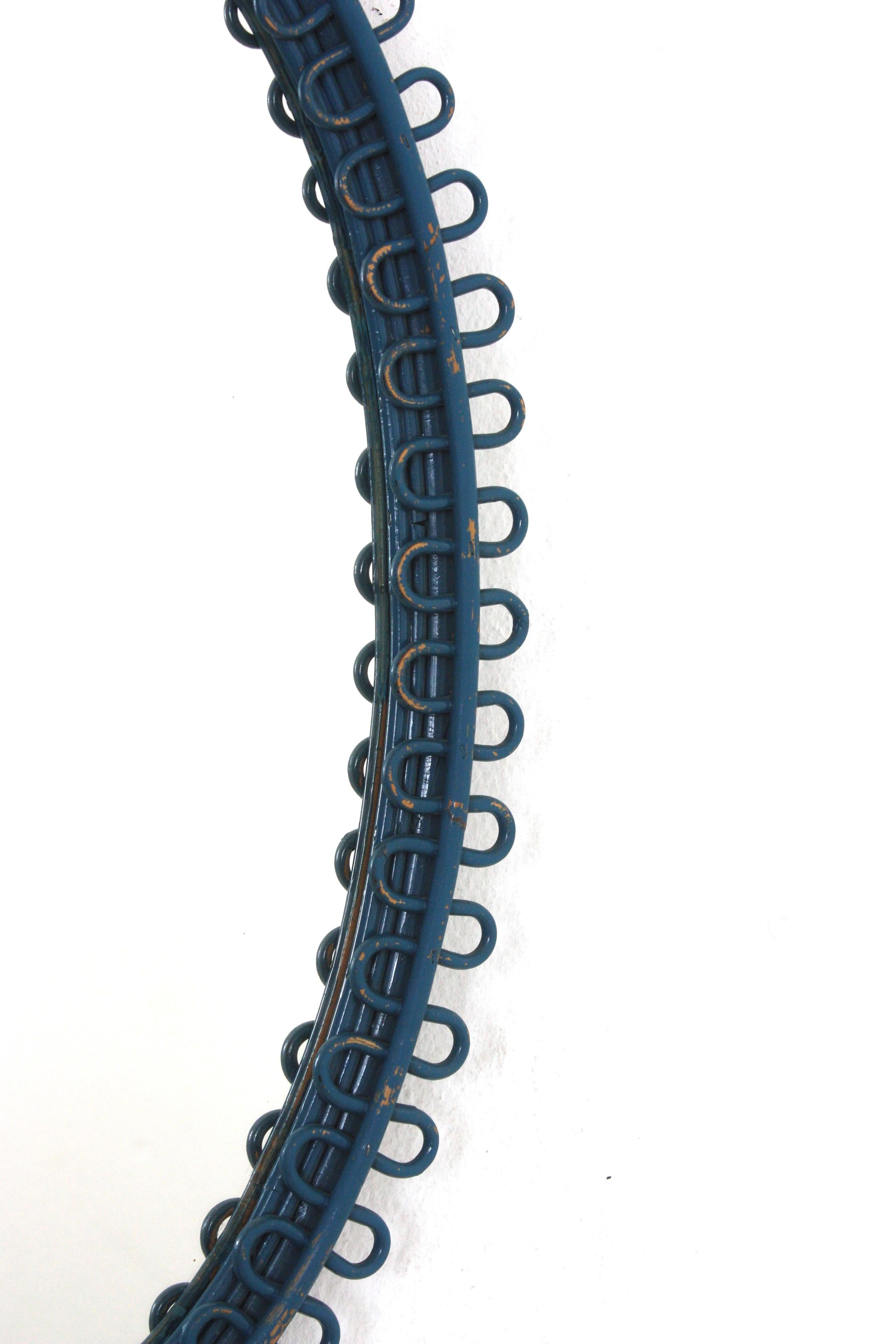 20th Century Italian Riviera Franco Albini Rattan Oval Wall Mirror, Blue Patina, Loop Design