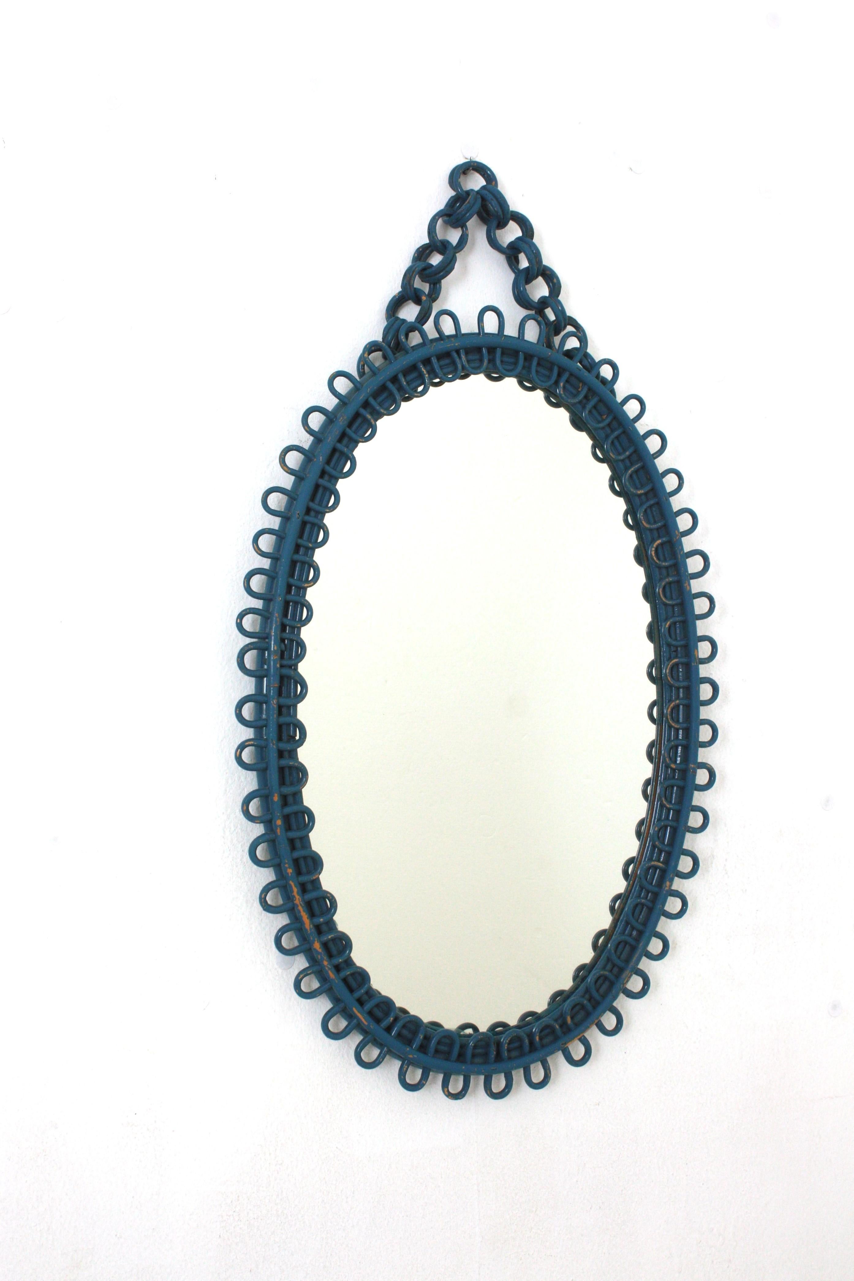 Cane Italian Riviera Franco Albini Rattan Oval Wall Mirror, Blue Patina, Loop Design