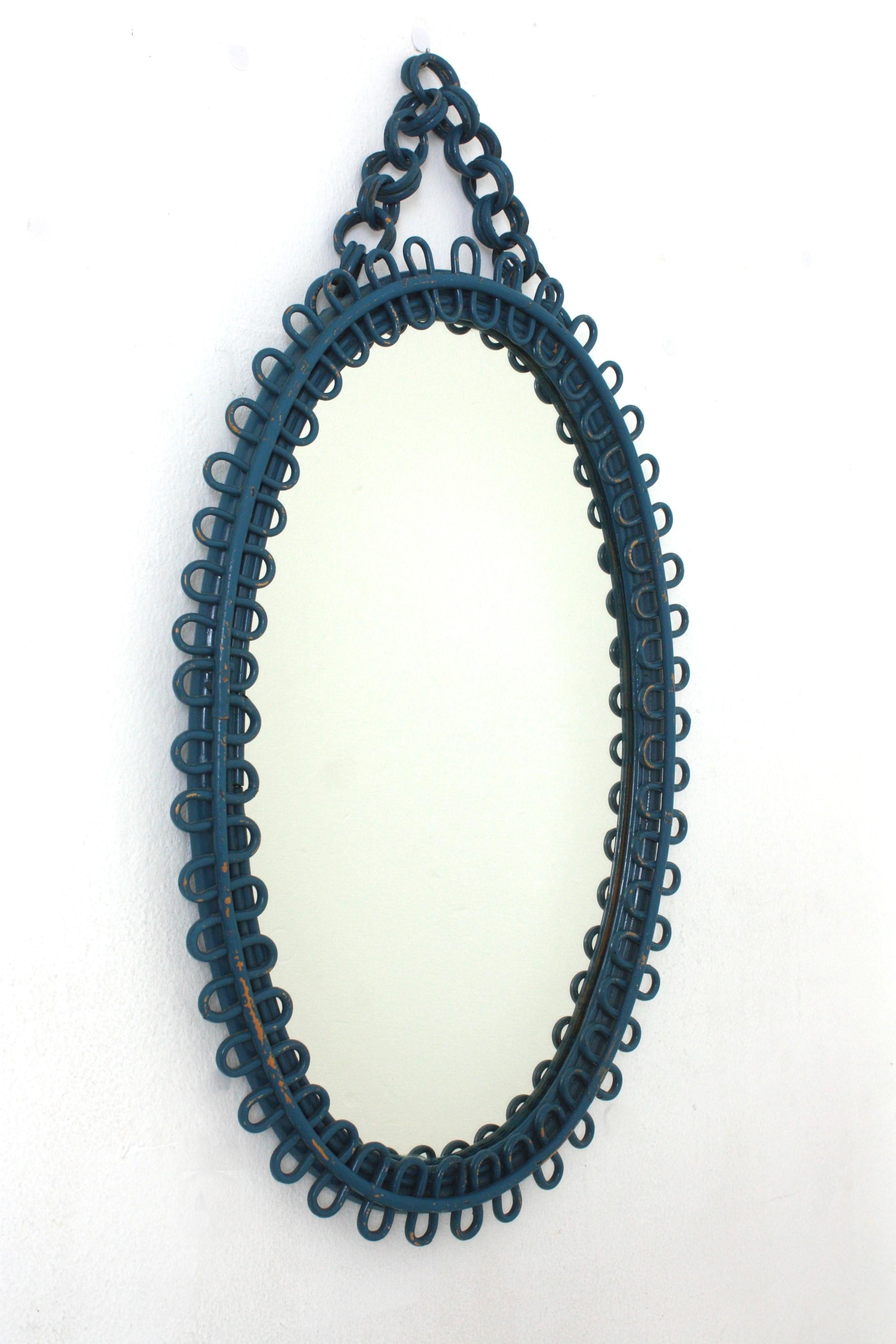 Italian Riviera Franco Albini Rattan Oval Wall Mirror, Blue Patina, Loop Design 1