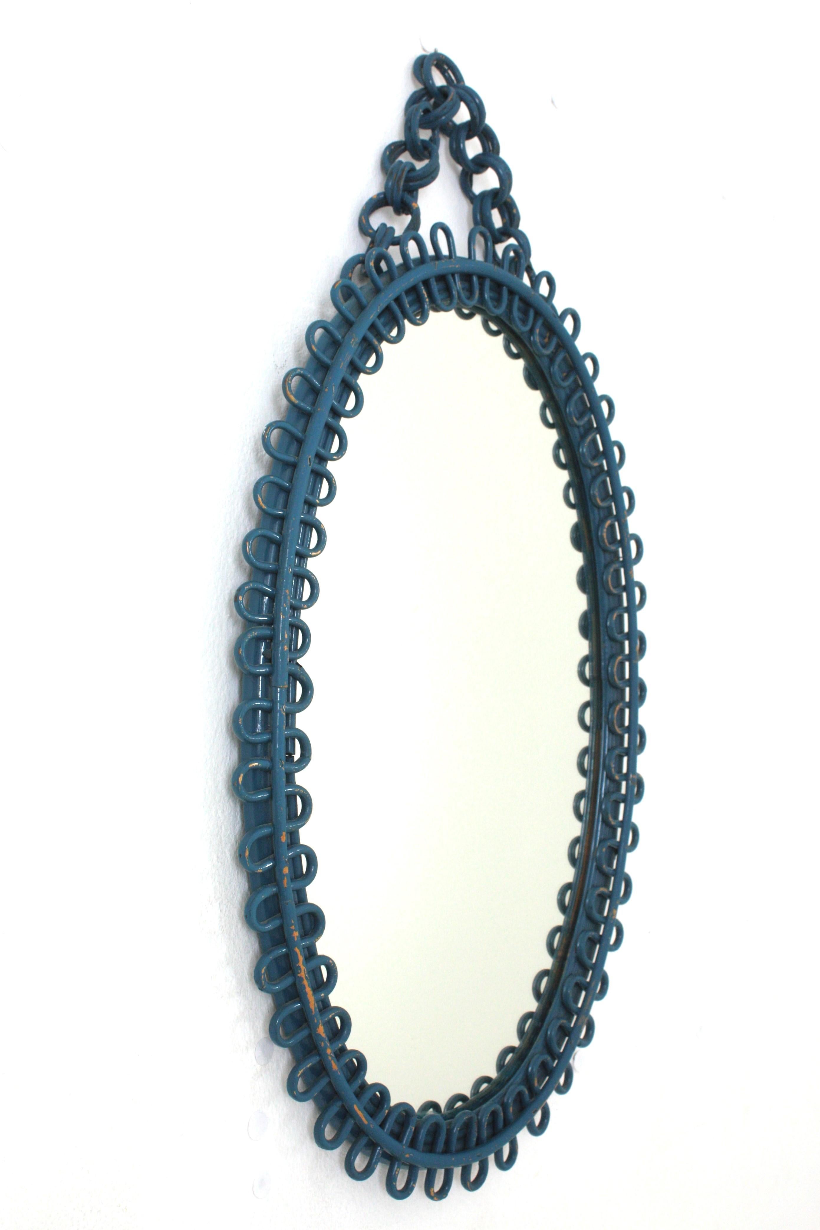 Italian Riviera Franco Albini Rattan Oval Wall Mirror, Blue Patina, Loop Design 2