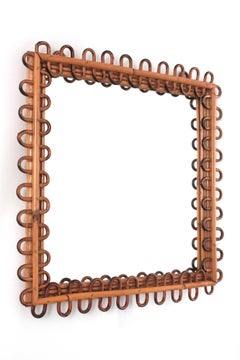Specchio quadrato in rattan della Riviera Albini, Looping Design, anni '50