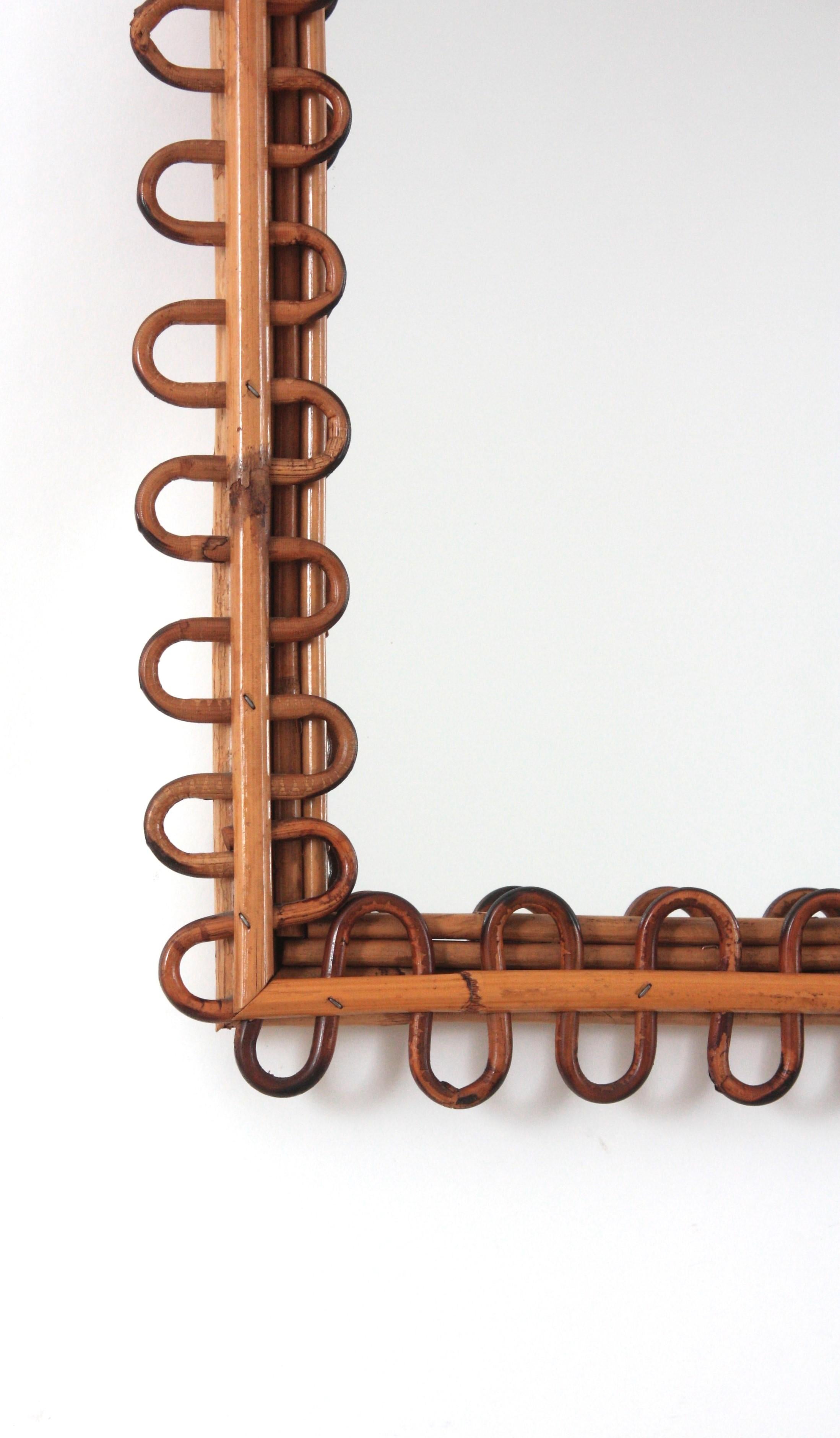 Mid-Century Modern Italian Riviera Franco Albini Rattan Square Sunburst Mirror, Loop Design, 1950s For Sale