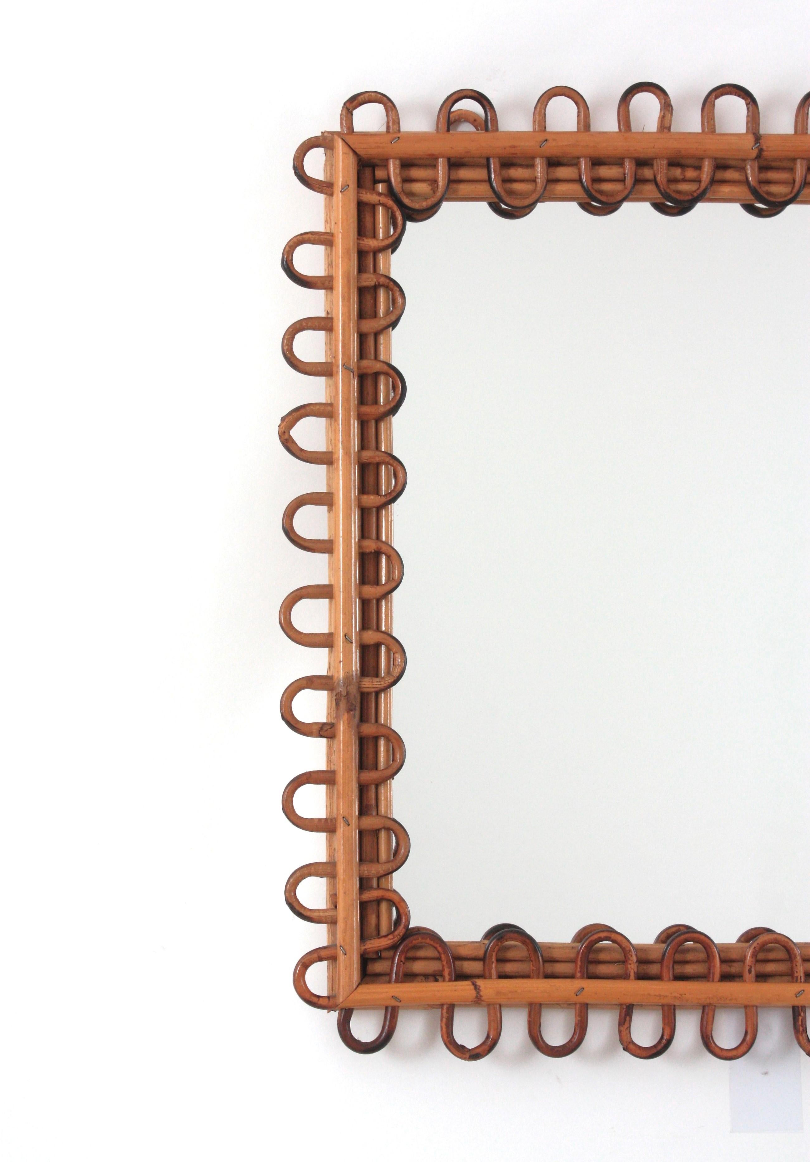 Hand-Crafted Italian Riviera Franco Albini Rattan Square Sunburst Mirror, Loop Design, 1950s For Sale