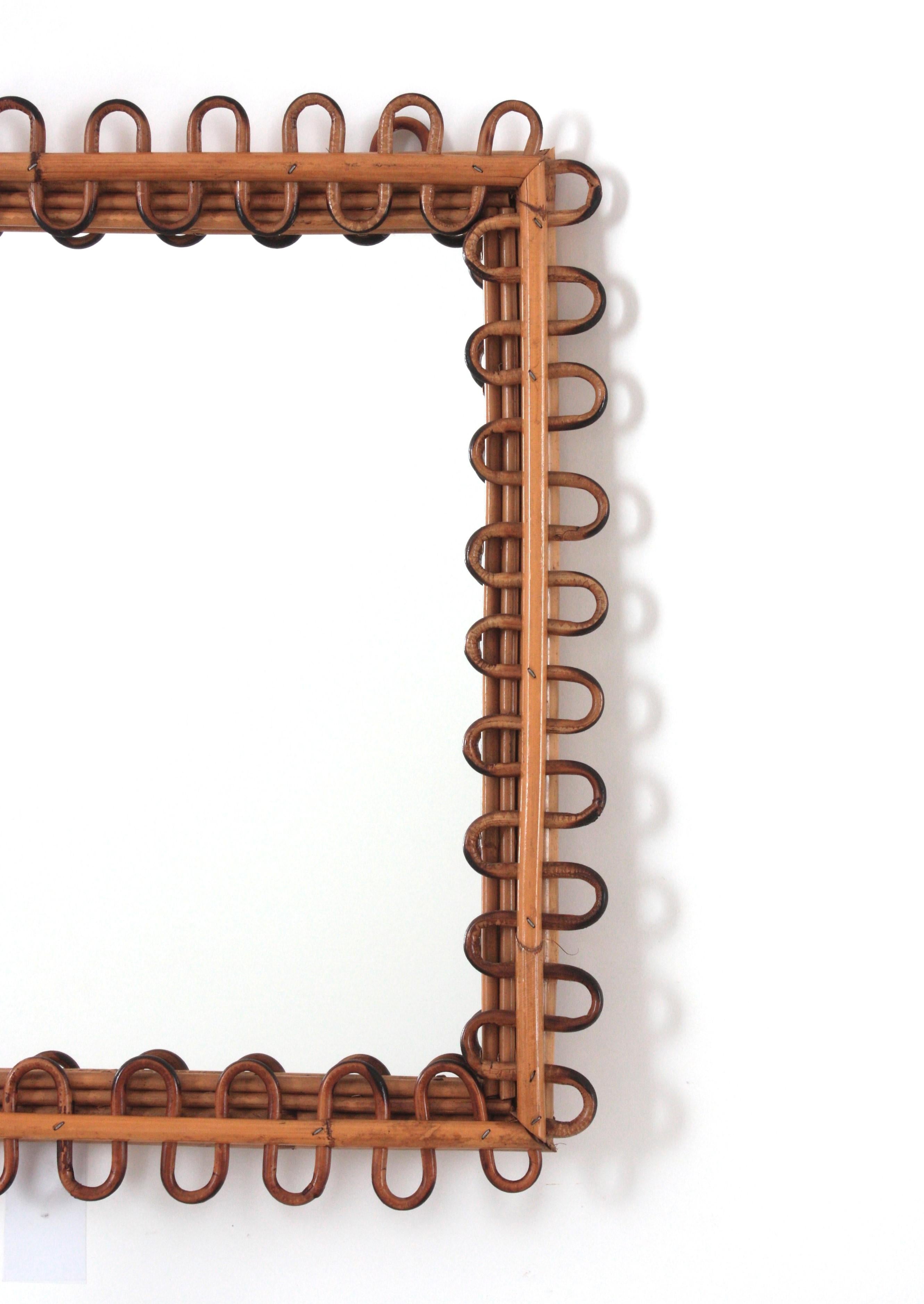 Italian Riviera Franco Albini Rattan Square Sunburst Mirror, Loop Design, 1950s In Good Condition For Sale In Barcelona, ES