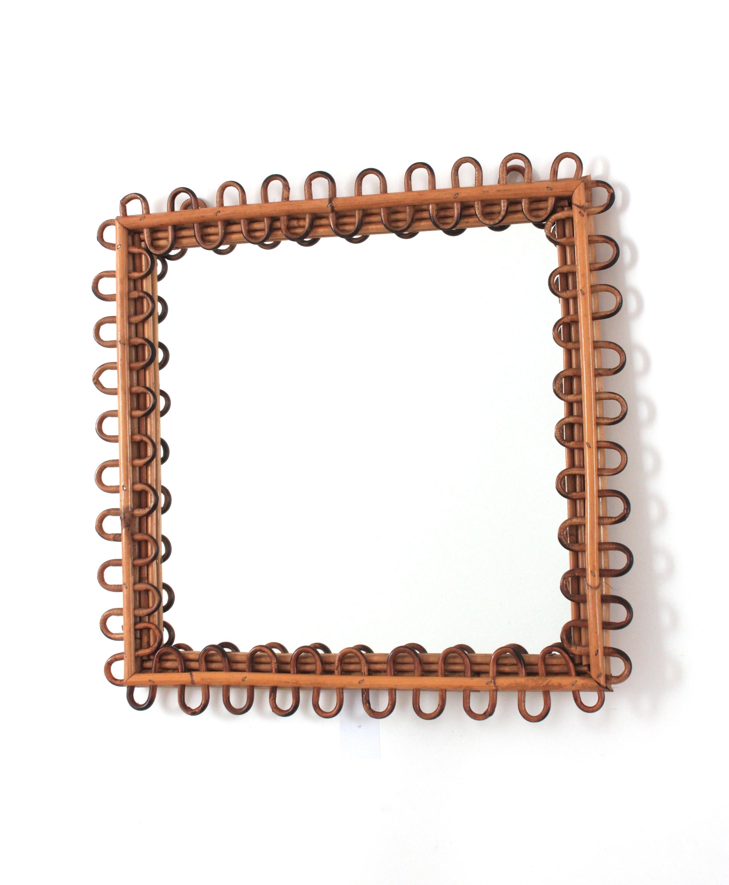 20th Century Italian Riviera Franco Albini Rattan Square Sunburst Mirror, Loop Design, 1950s For Sale