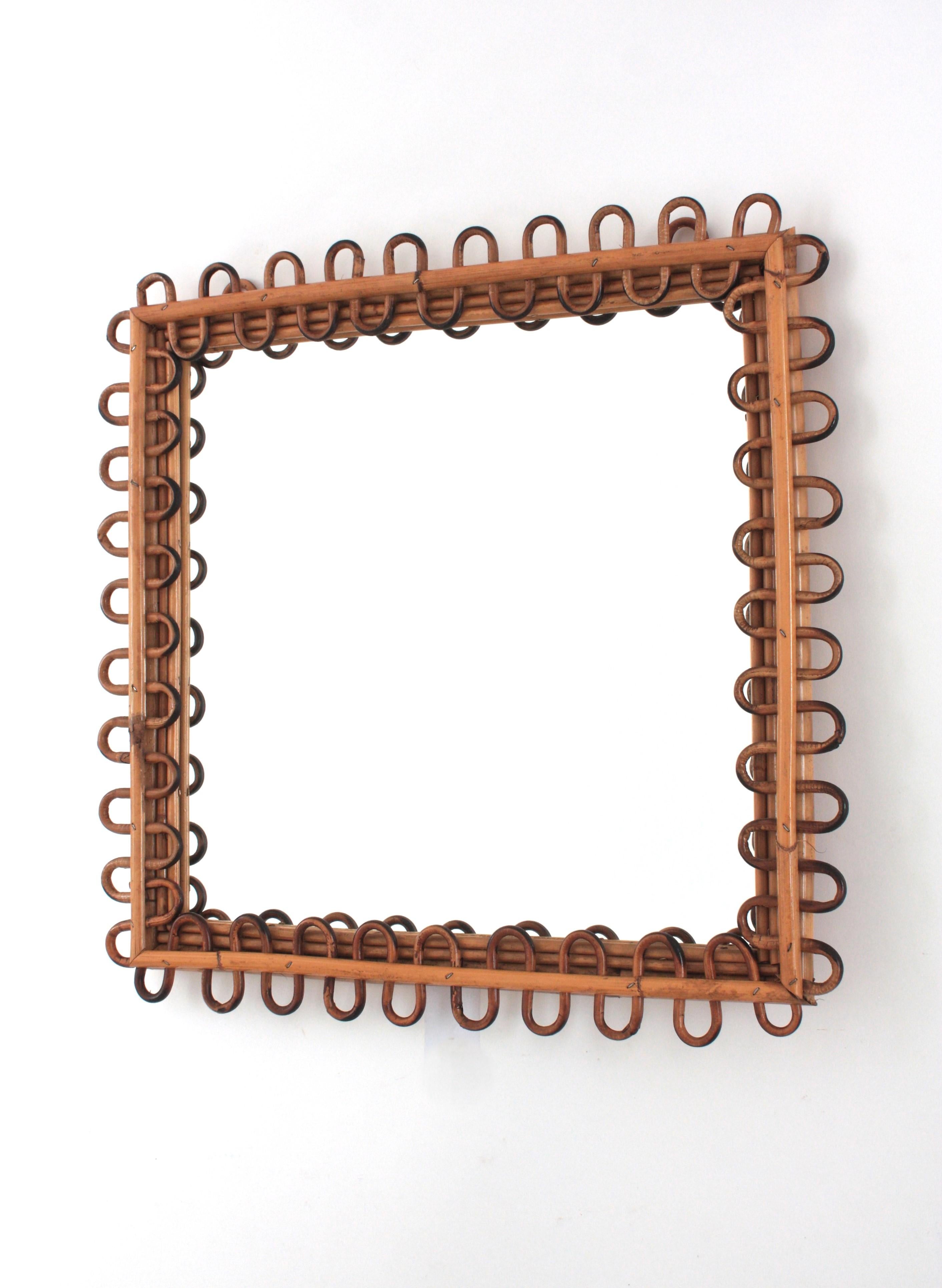 Cane Italian Riviera Franco Albini Rattan Square Sunburst Mirror, Loop Design, 1950s For Sale