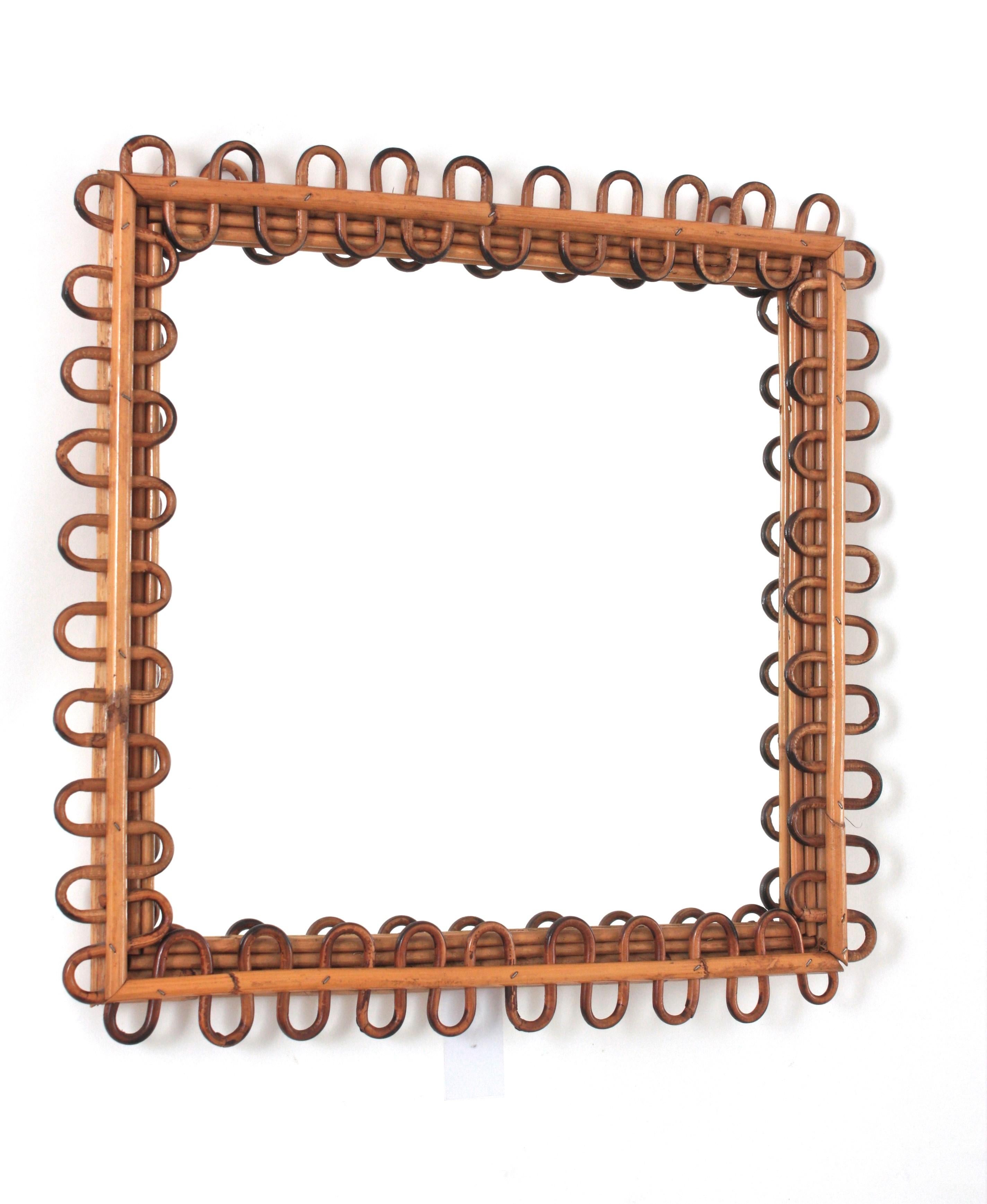 Italian Riviera Franco Albini Rattan Square Sunburst Mirror, Loop Design, 1950s For Sale 1
