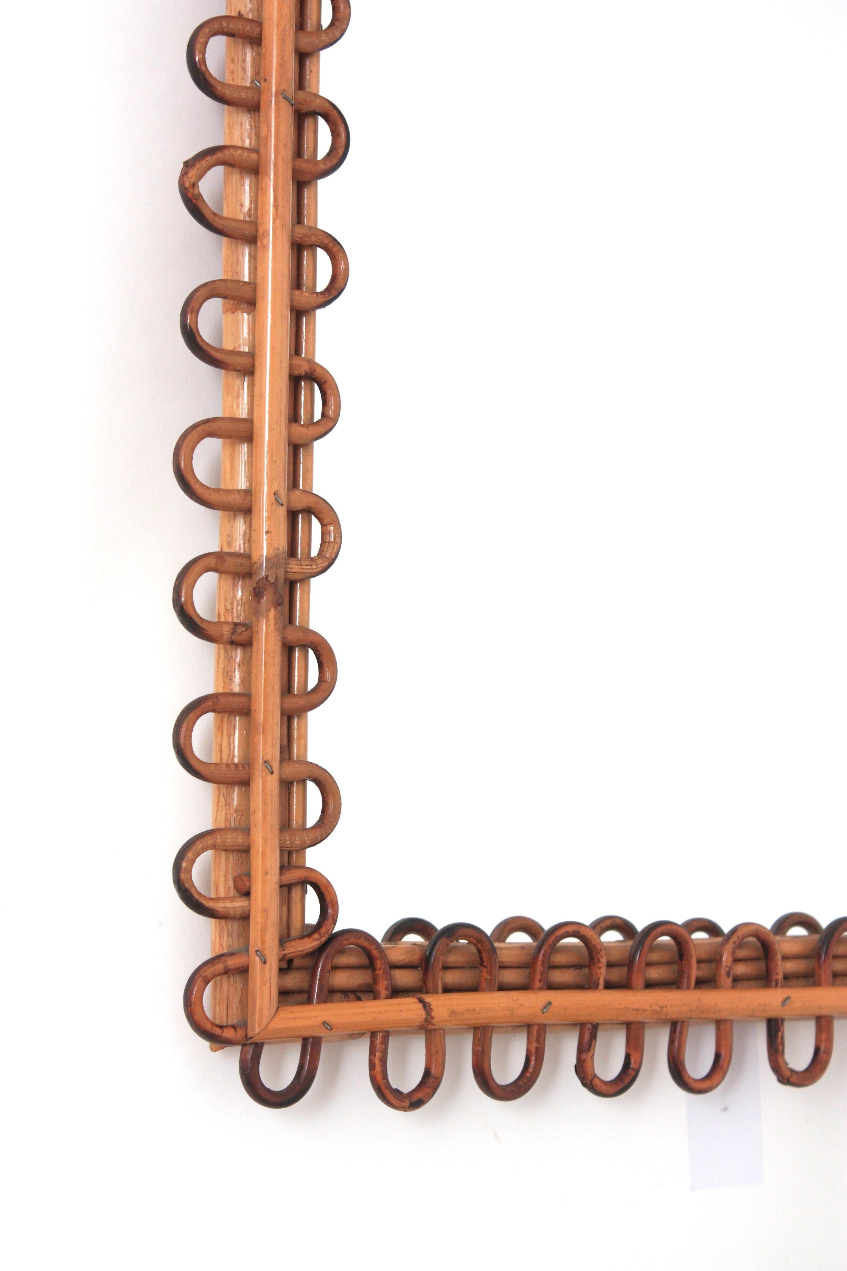 Italian Riviera Franco Albini Rattan Square Sunburst Mirror, Loop Design, 1950s For Sale 2