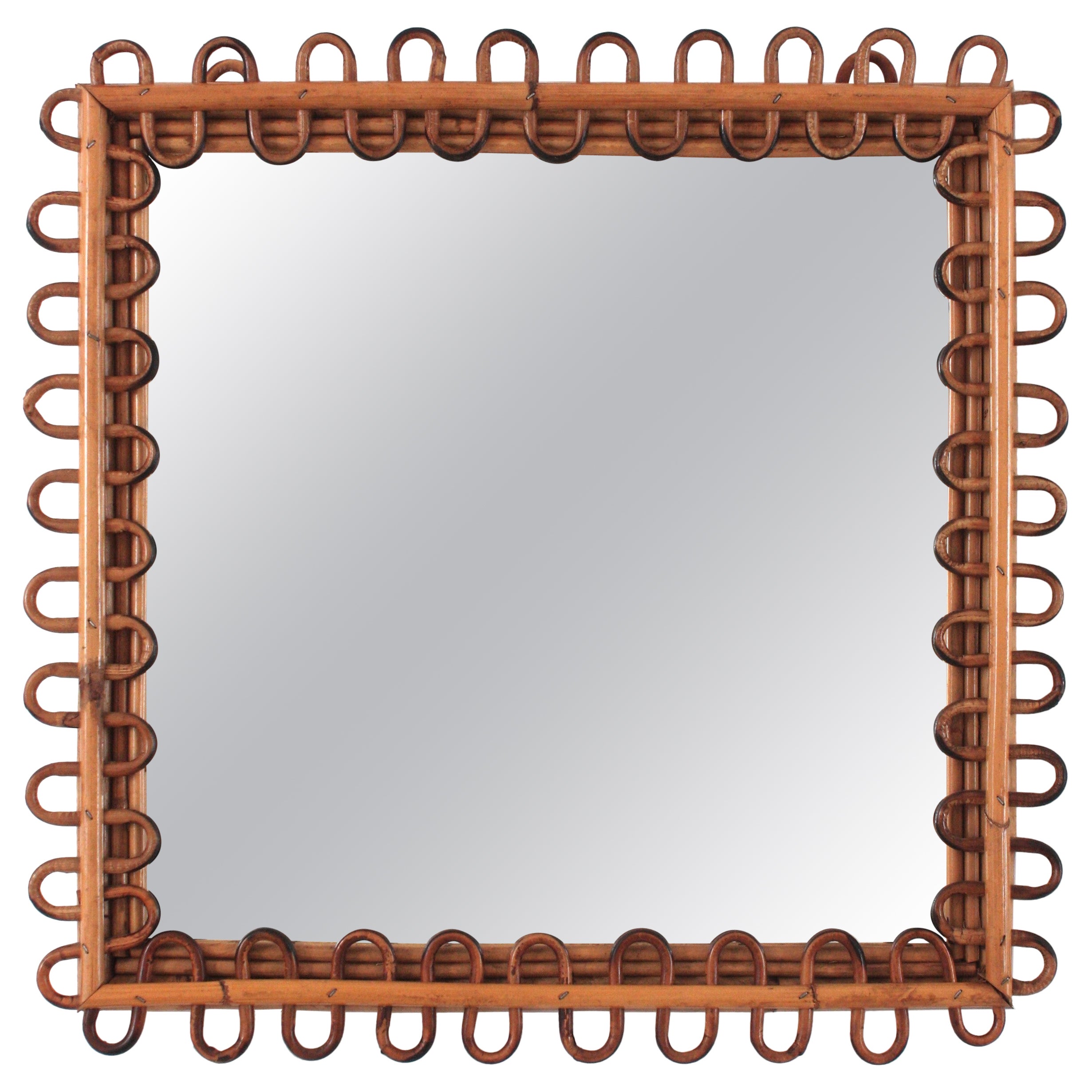 Italian Riviera Franco Albini Rattan Square Sunburst Mirror, Loop Design, 1950s