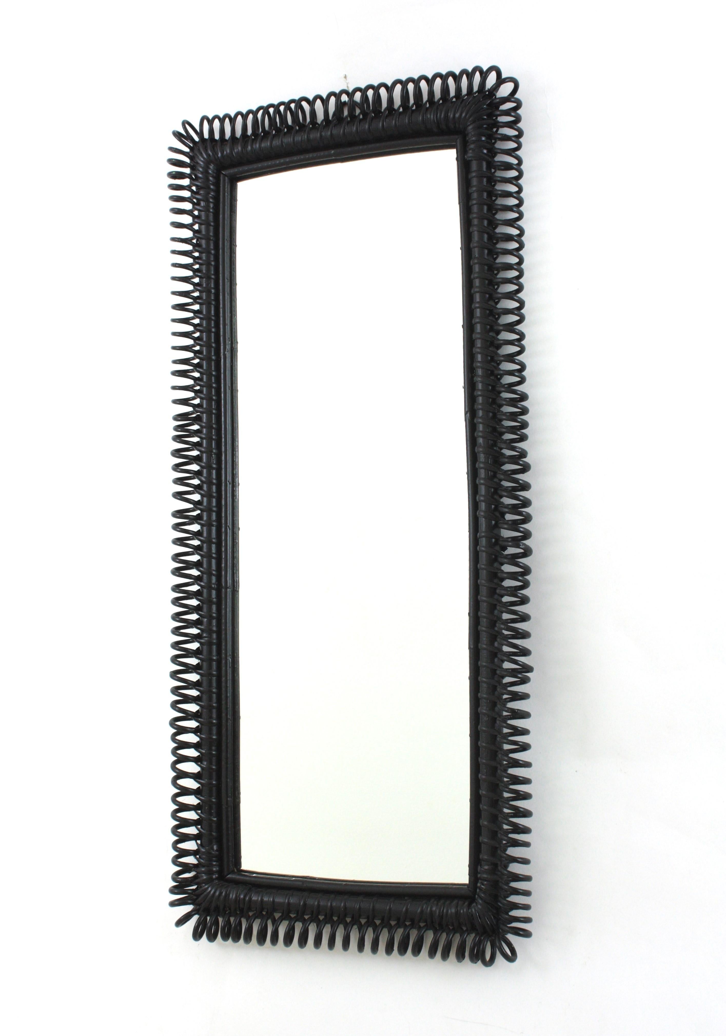 Italian Riviera Franco Albini Rattan Wall Mirror, Black Patina, Loop Design For Sale 3