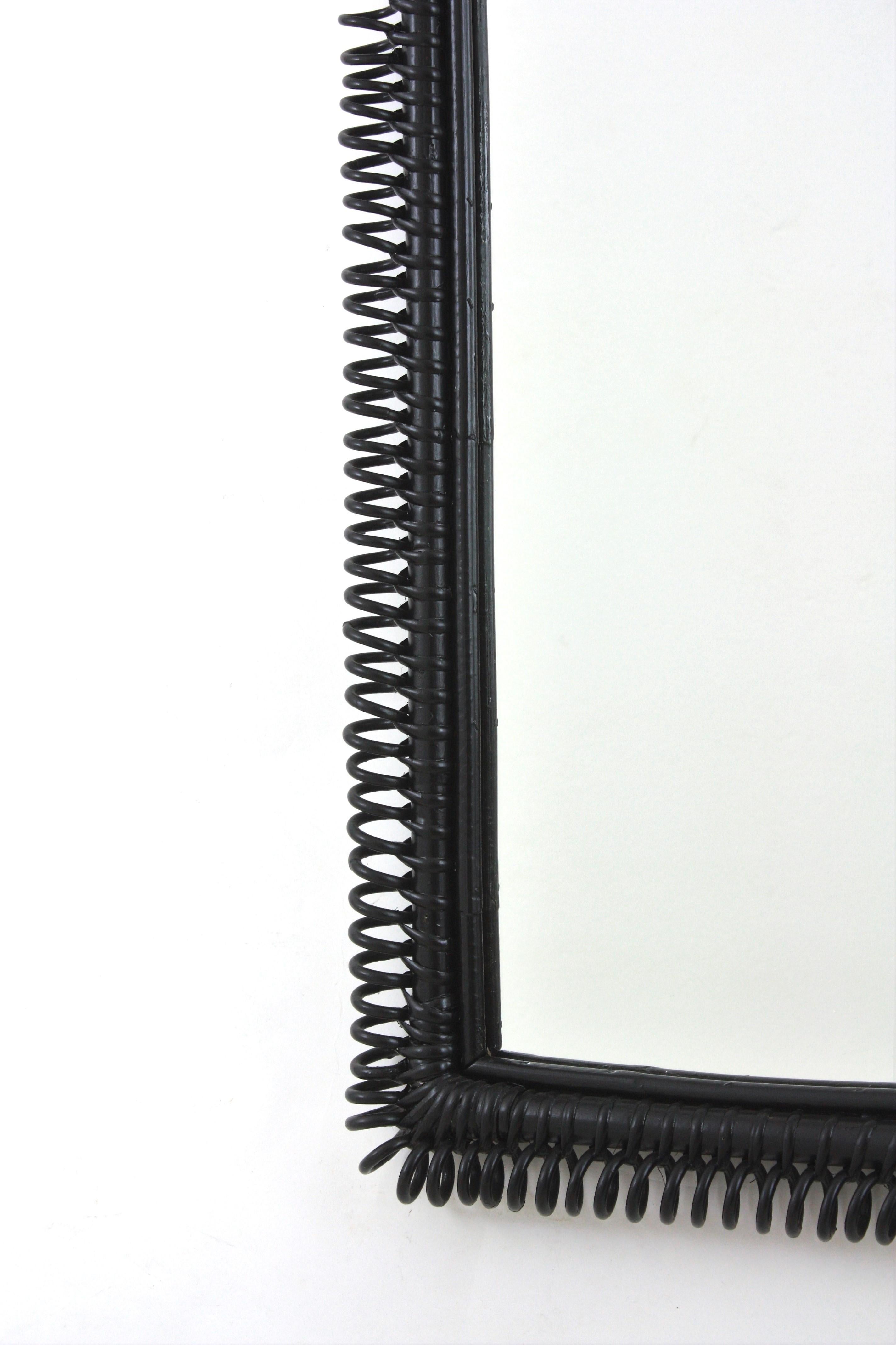 Italian Riviera Franco Albini Rattan Wall Mirror, Black Patina, Loop Design For Sale 4