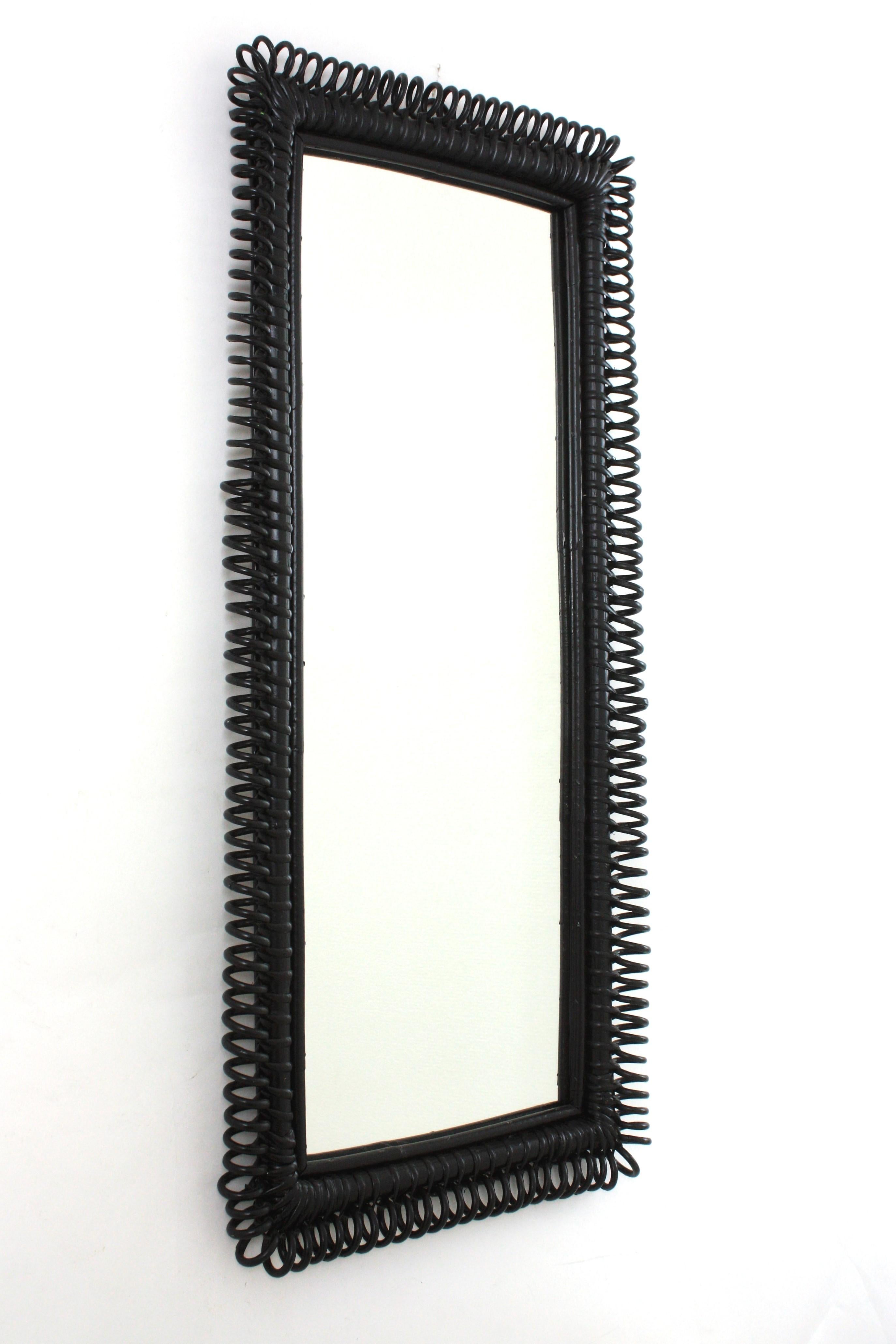 Mid-Century Modern Italian Riviera Franco Albini Rattan Wall Mirror, Black Patina, Loop Design For Sale
