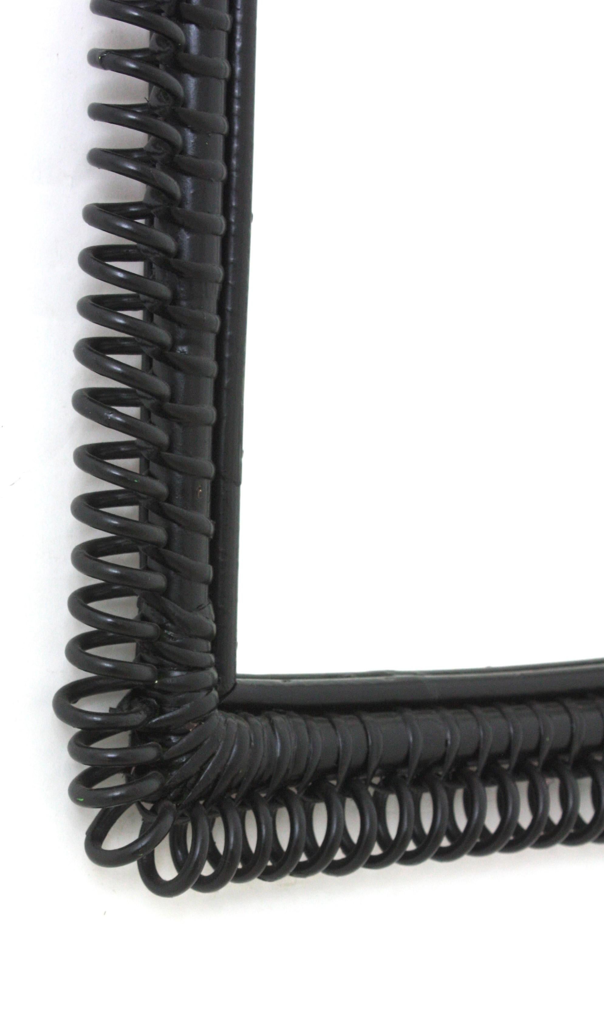 Italian Riviera Franco Albini Rattan Wall Mirror, Black Patina, Loop Design In Good Condition For Sale In Barcelona, ES