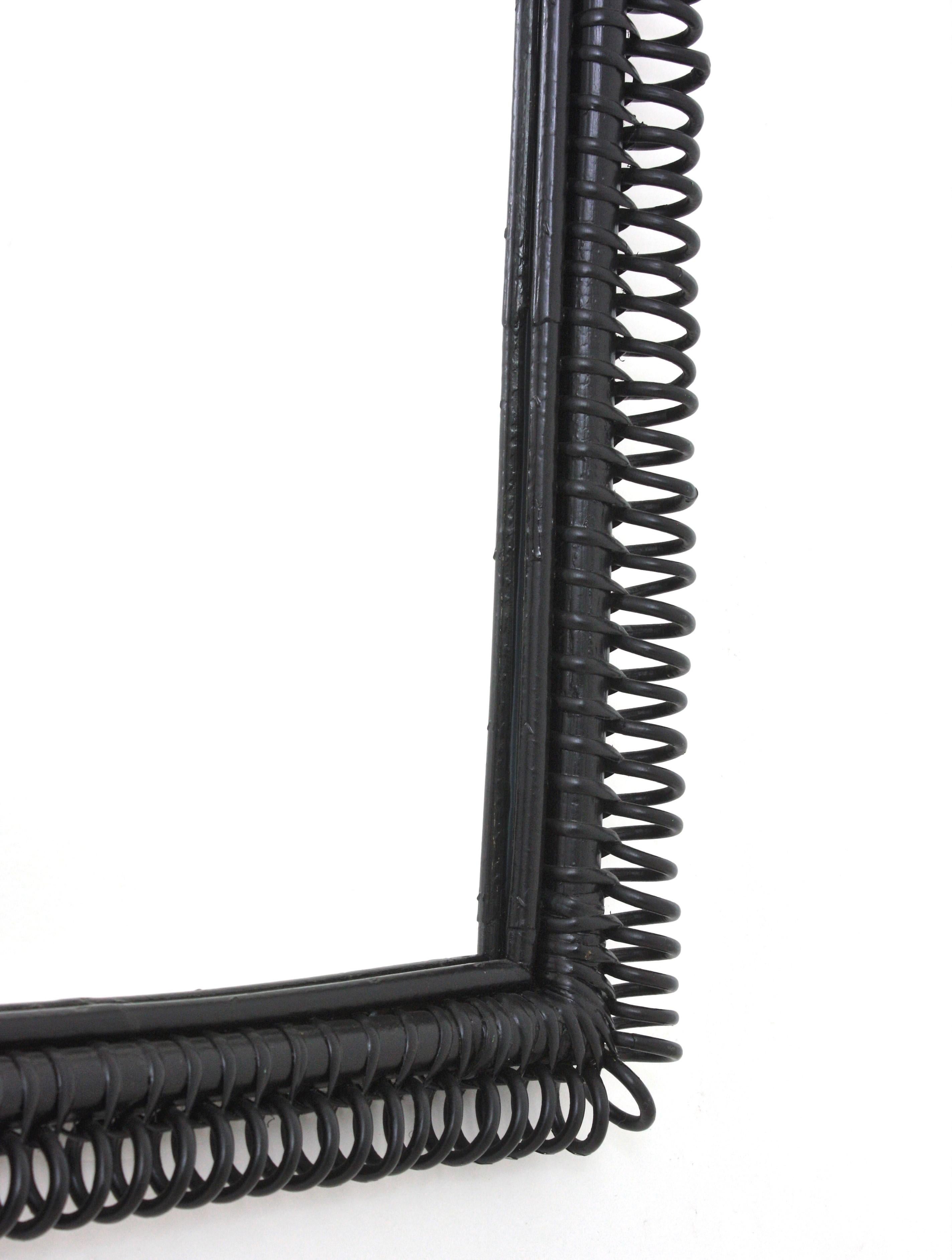 20th Century Italian Riviera Franco Albini Rattan Wall Mirror, Black Patina, Loop Design For Sale